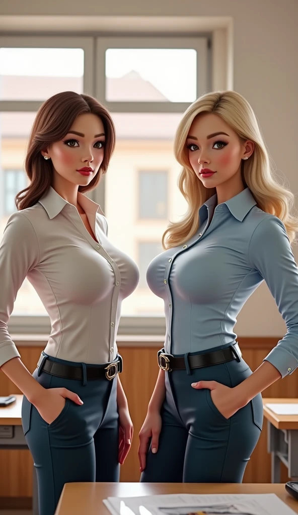 Blonde busty woman in a black and white checkered shirt, cleavage, pencil skirt