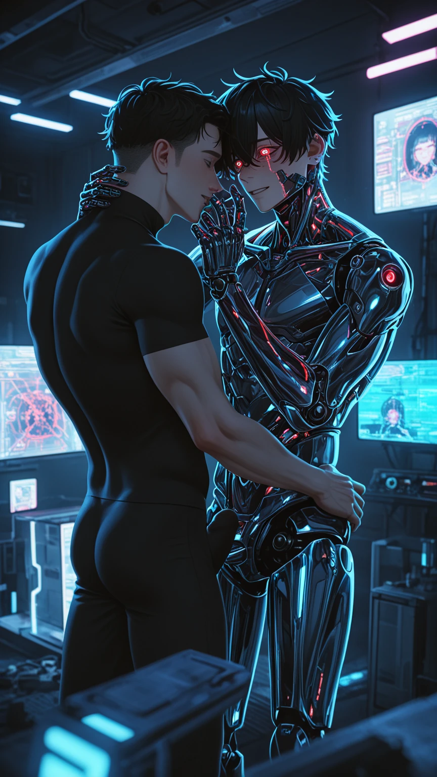 2 men, photo-realistic. A 25-year-old, fit, handsome, male futuristic hero, with short, fade-cut brown hair, stubble, and blue eyes, wearing black and blue cyber underwear, tightly, and lovingly embracing, passionately kissing, and having sex with a 20-year-old, fit, handsome, male futuristic man, with short, fade-cut blond hair, stubble, and closed eyes, mouth open, wearing blue and yellow cyber underwear. They are standing by a large window, in a futuristic apartment, in a neon city, at night. They both have huge erect cocks, and cum drips down his body, and from his cock. Gay, NSFW, sexy, erotic, huge cocks, muscular men.
