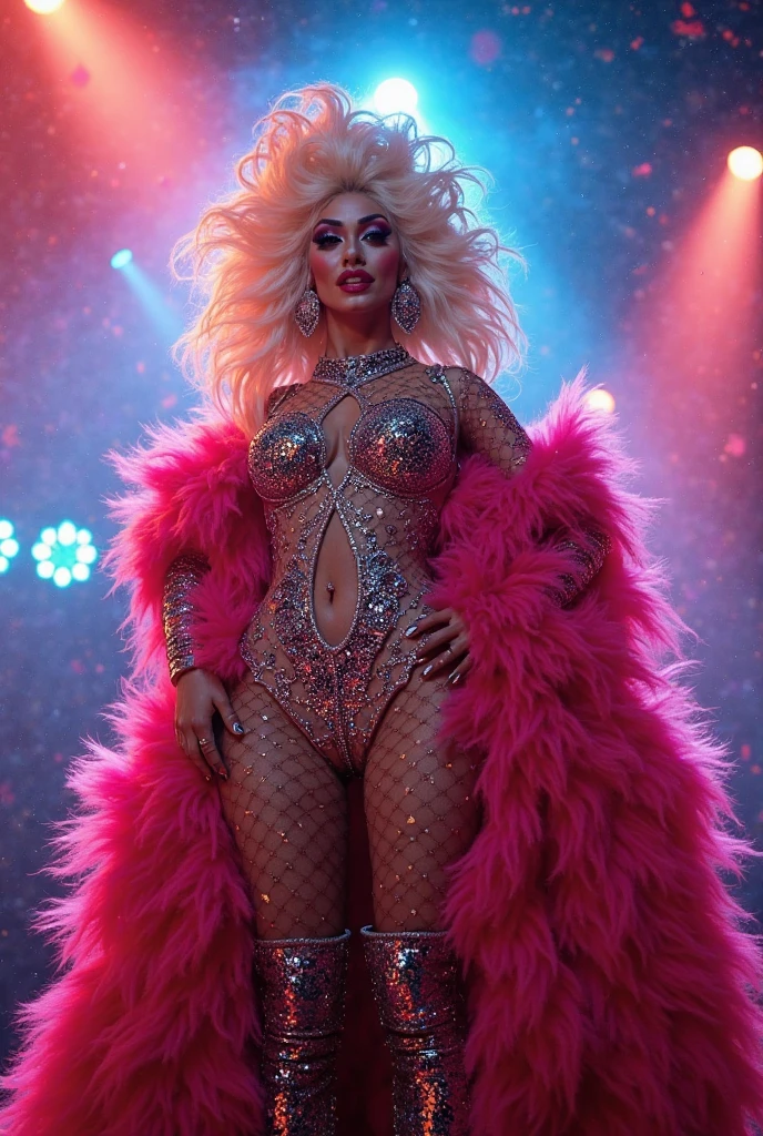 Plus size drag queen show costume with sequins and rhinestones, short, high-waisted flared skirt