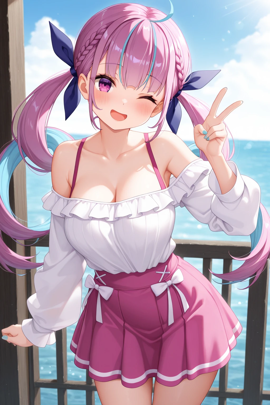 One female、pink hair、pink eyes、long ponytail、yellow ribbon、cheerleader、smile、blue sky、(holding yellow pompoms in both hands)、big breasts、One female、Full support、best style、beautiful legs、