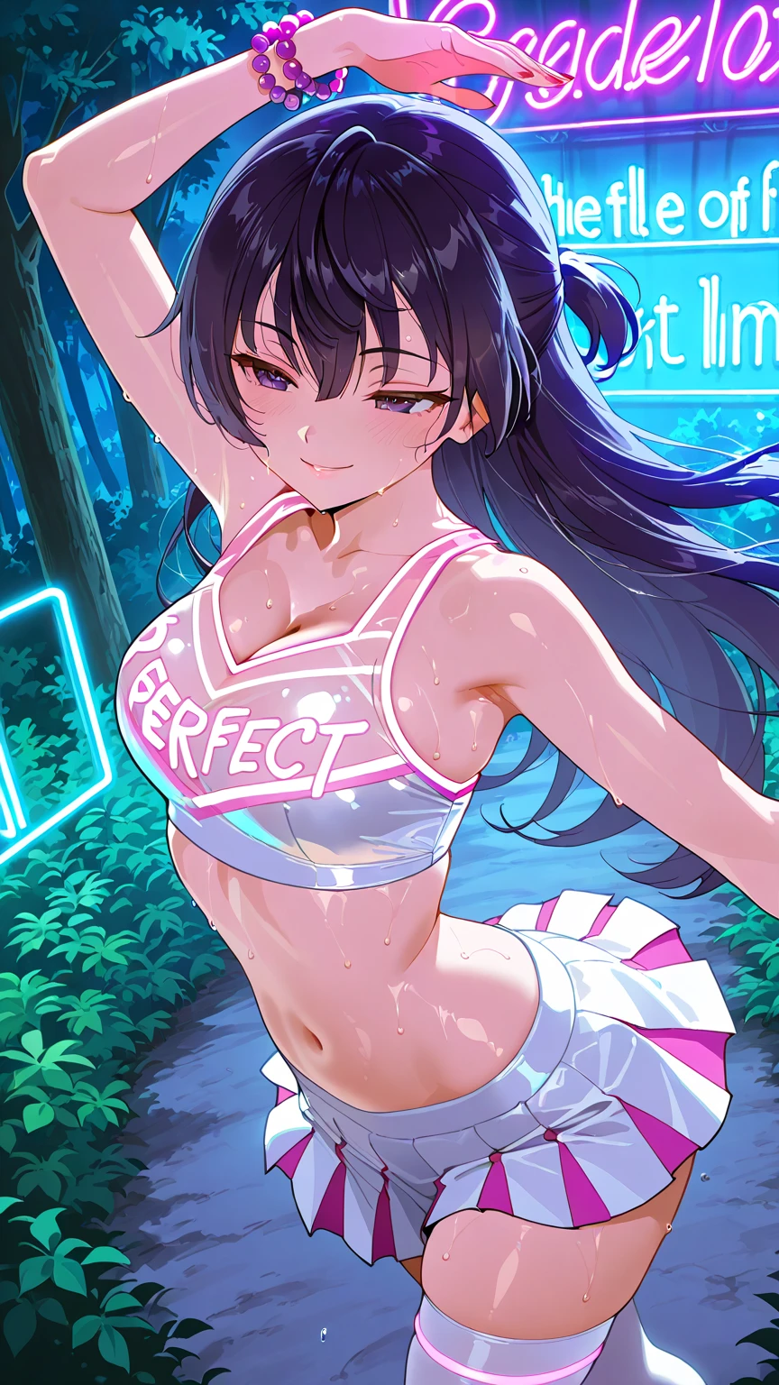 masterpiece, best quality, high quality, extremely detailed, very delicate and beautiful, (1 female 18 years old solo:1.5), (long black hair up to waist with two side up:1.5), bangs to eyebrows, eyes (eyes sharp, strong, glossy, glossy eyebrows), (eye color magenta:1.3), 6.5 head height, (bikini swimsuit summer flower print:1.3), ruffled, (smiling), (standing:1.3), (dynamic pose), (background waterfall forest:1.3) ,(Milky Way Night Sky:1.3)