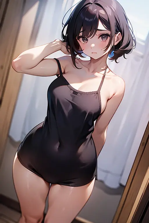 nsfw,slip,1 girl,Solo,(high-leg_one-piece_swimsuit),sidecut,black hair,red eyes,Tsurime,Curvy,crotch,Wedgie, plunging neckline,masterpiece, best quality, very aesthetic, absurdres,navel,straight-on,medium shot
