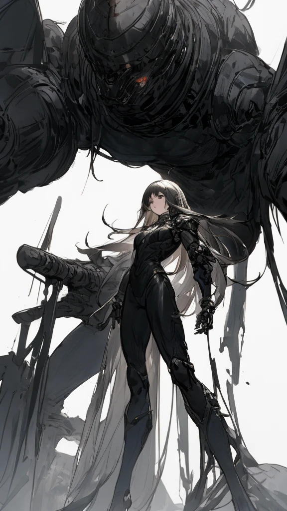 in style of Ashley Wood,in style of Santiago Caruso,
((masterpiece, best quality)),(illustration),(detailedLight),((Extremely exquisite and beautiful)),1 Girl,Black long trench coat,White shirt,Long hair,Silver long hair,Dark shadows,oni_mask,