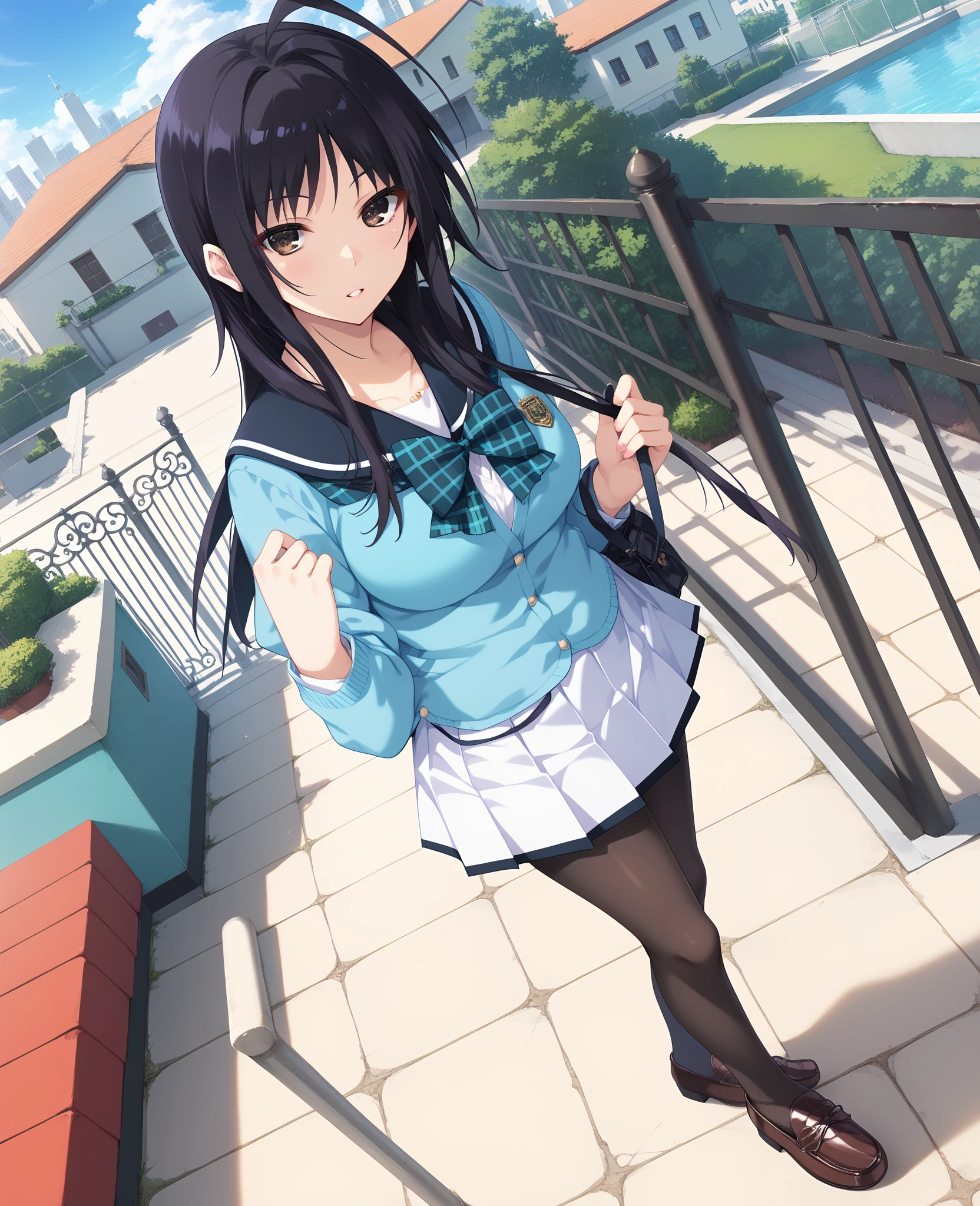 (masterpiece: 1.3), (highest quality:1.4), ultra high resolution, (fine eyes), (detailed facial features), (Detailed features of clothing), HDR, 8K resolution,  navy blue sailor uniform, High school girl in sailor suit, Dark blue skirt, Anime 2D rendering, smile, black hair, (((navy blue sailor uniform))), black stockings, (((school scenery))), (((small face))), short ponytail, Tie your hair with a white ribbon, 1 rotation pose, Shot from the knee up, 
