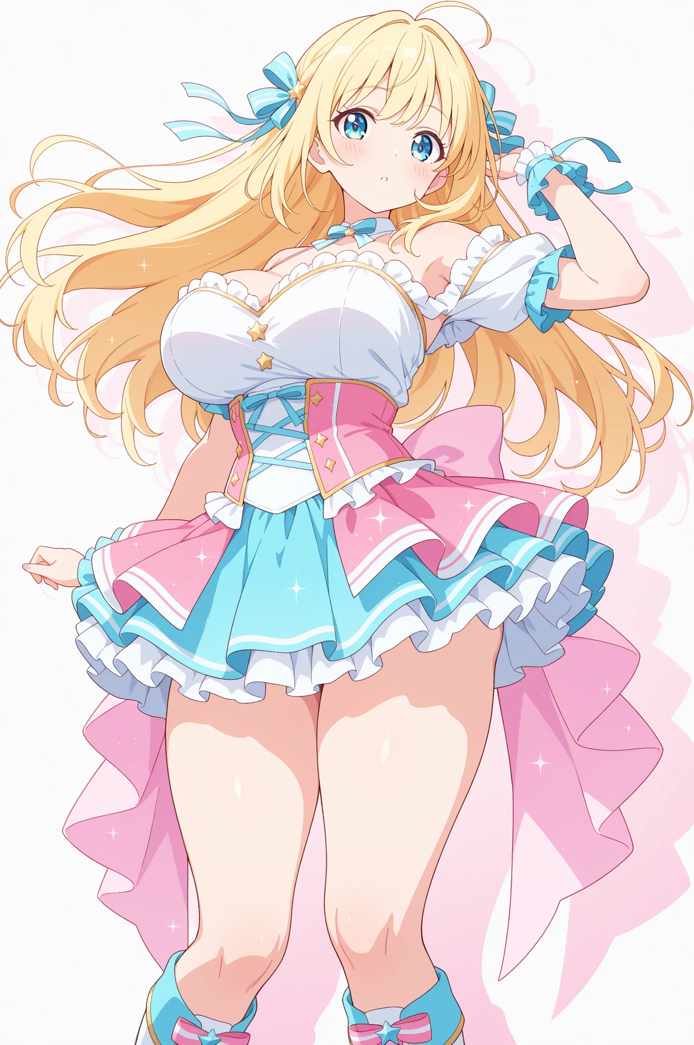 a beautiful 20 year old blonde woman with big messy hair in a blue dress, white stockings, black headband, cleavage, fantasy art style, rossdraws cartoon vibrant, alice x. zhang, alice in wonderland cyberpunk, cute detailed digital art, colorfull digital fantasy art, digital fantasy art ), glossy digital painting, rossdraws pastel vibrant, rossdraws 2. 5, rossdraws 1. 0