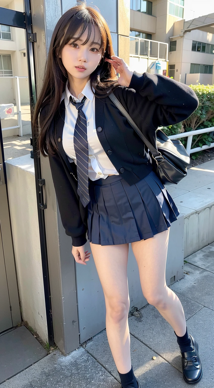 Top quality, high image, 1 woman, 17 years old, school stairs, navy jacket, Medium breasts,white blouse,(plaid miniskirt), cotton panties,upskirt,from below1.3、Smiling beautiful girl、17 years old、Crouched down, looking at me、Checkered pleated skirt、Sit with your buttocks down、loafers、Knee-high socks、Ponytail sitting on stairs、白いパンティ