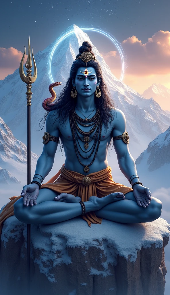 Create an image of Lord Shiva. He should be depicted with a calm and powerful expression, wearing a crescent moon on his head, with long, flowing hair. The image should include the Ganga river flowing from his hair, a third eye on his forehead, a serpent around his neck, and the trident (Trishul) in one hand. He should be sitting in a meditative posture on Mount Kailash, with a backdrop of the Himalayas. The image should have a serene, spiritual atmosphere, with a soft glow surrounding Shiva."