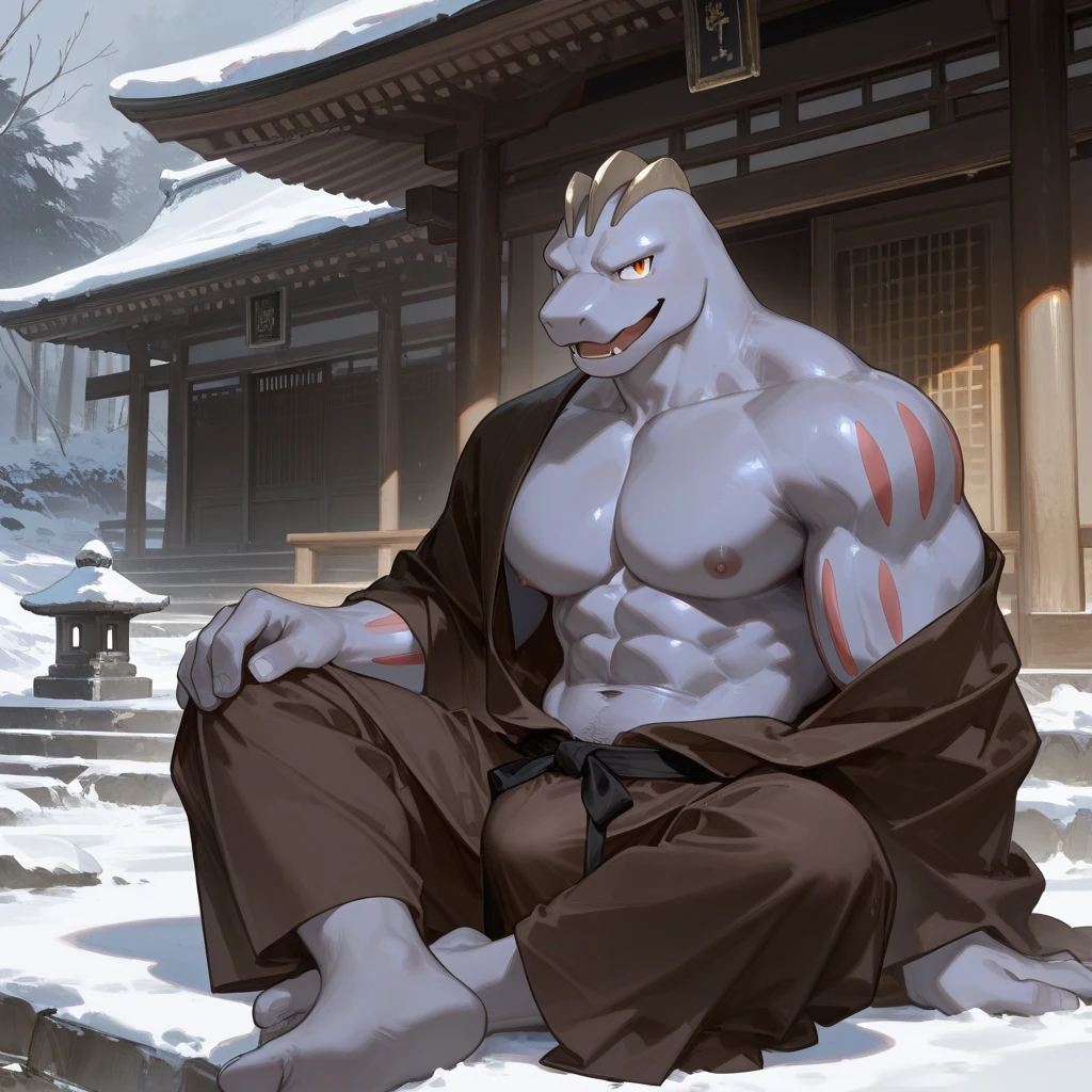 (morning), 1volibear, 独奏, 看着观众, winter, smile,肌肉男，beard,middle-aged，white fundoshi,((open)  kimono)，Chinese traditional clothes,close-up,sit down,stud earrings,nipple ring,sweat,drooling,blush sticker，wet