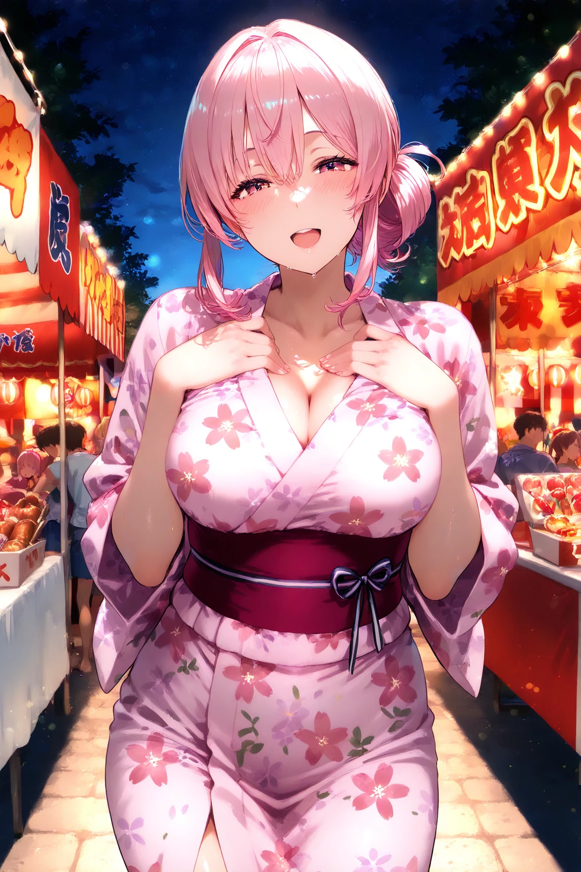 ultra-detailed, ((one girl)), (pale skin:1.4), in pastel colors gyaru, (heavy makeup), (professional lighting) hyper detailed, absurdres, 8K, Beautiful Face, (Laugh shyly), ((teasing smile:1.8)), ((Wink:1.7)), (Laugh with your mouth wide open),((Tilt your face:1.6)), View your viewers, ((Bright red cheeks:1.6)),Glossy Red Lips, ((Big Breasts:1.6)), ((undressing:1.2)), noon, Shrine festival stalls, ((eating candied apple stick)), ((Anime style background)),masterpiece, Highest quality, so beautiful,Latest, Complex details, (Pink long nails), (nail art), (ring),(bracelet), (Floral Choker),AI-generated, Complex,High resolution, Highest quality, super high quality,3D Images、3D Images,One person,Pastel pink long hair,(High Ponytail), (wavy hair:1.3), Pastel anime woman posing for a photo, ((Fine grain、blue eyes、glowing eyes:1.4)), (Squint your eyes:1.1),a hyperRealistic , hyperRealistic , Realistic,Anime woman with long pastel pink hair, Smooth anime CG art, A girl in a gorgeous pastel-colored kimono, ((Pastel-colored furisode)),(Pink large floral pattern), (sideboob), Long flower hair ornament,Floral Earrings, Mature Body, tall,Narrow waist,((from side)), ((leaning forward)),
