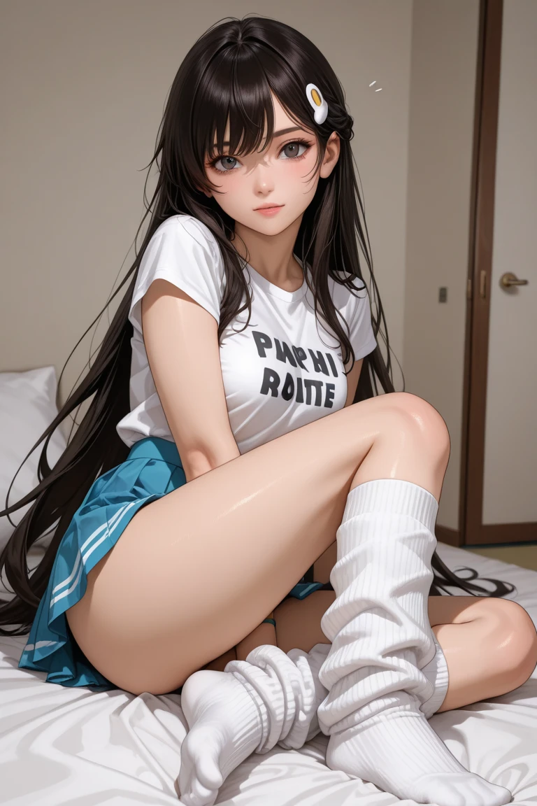 1 girl white crop top, no panty, crossed legs