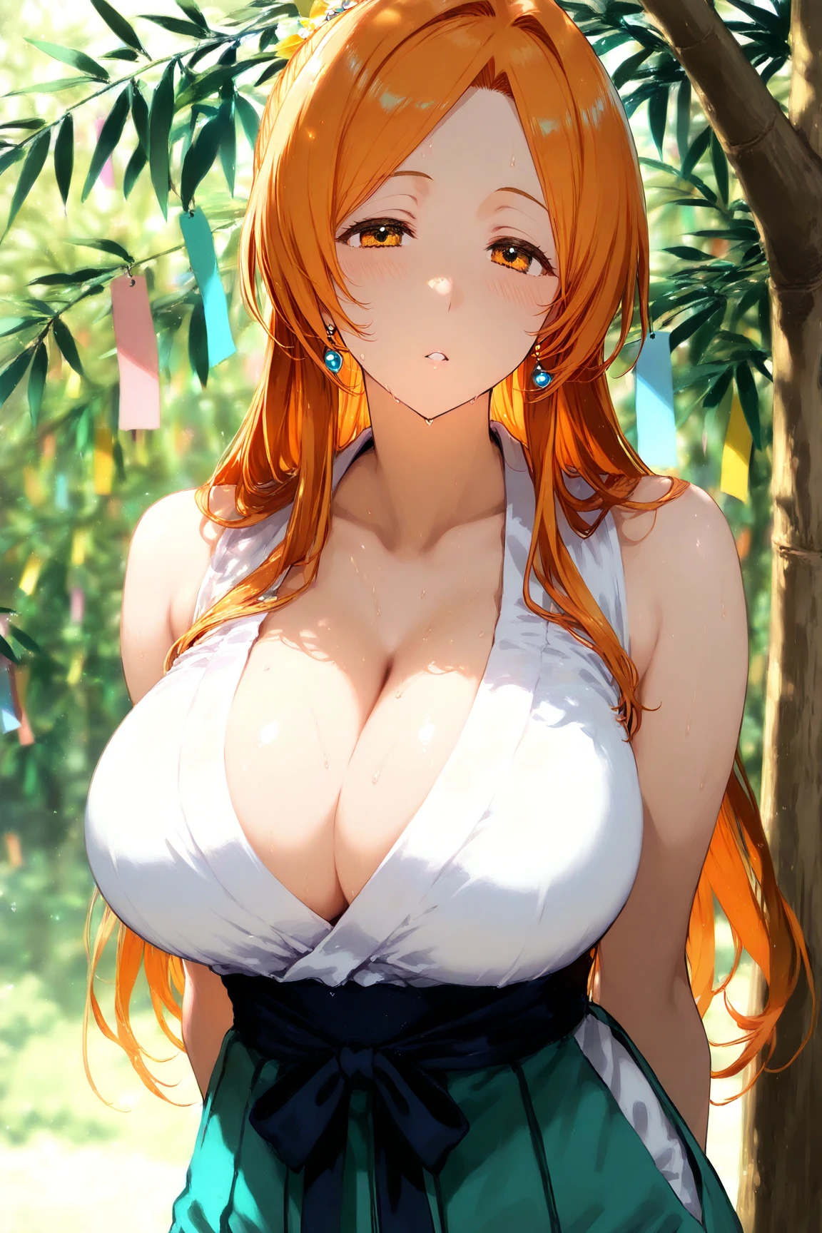 nakano yotsuba, orange hair, green hair bow,, big breasts,revealing, wide hips, big thighs. sexy, nsfw, kimono, cleavage of breast
