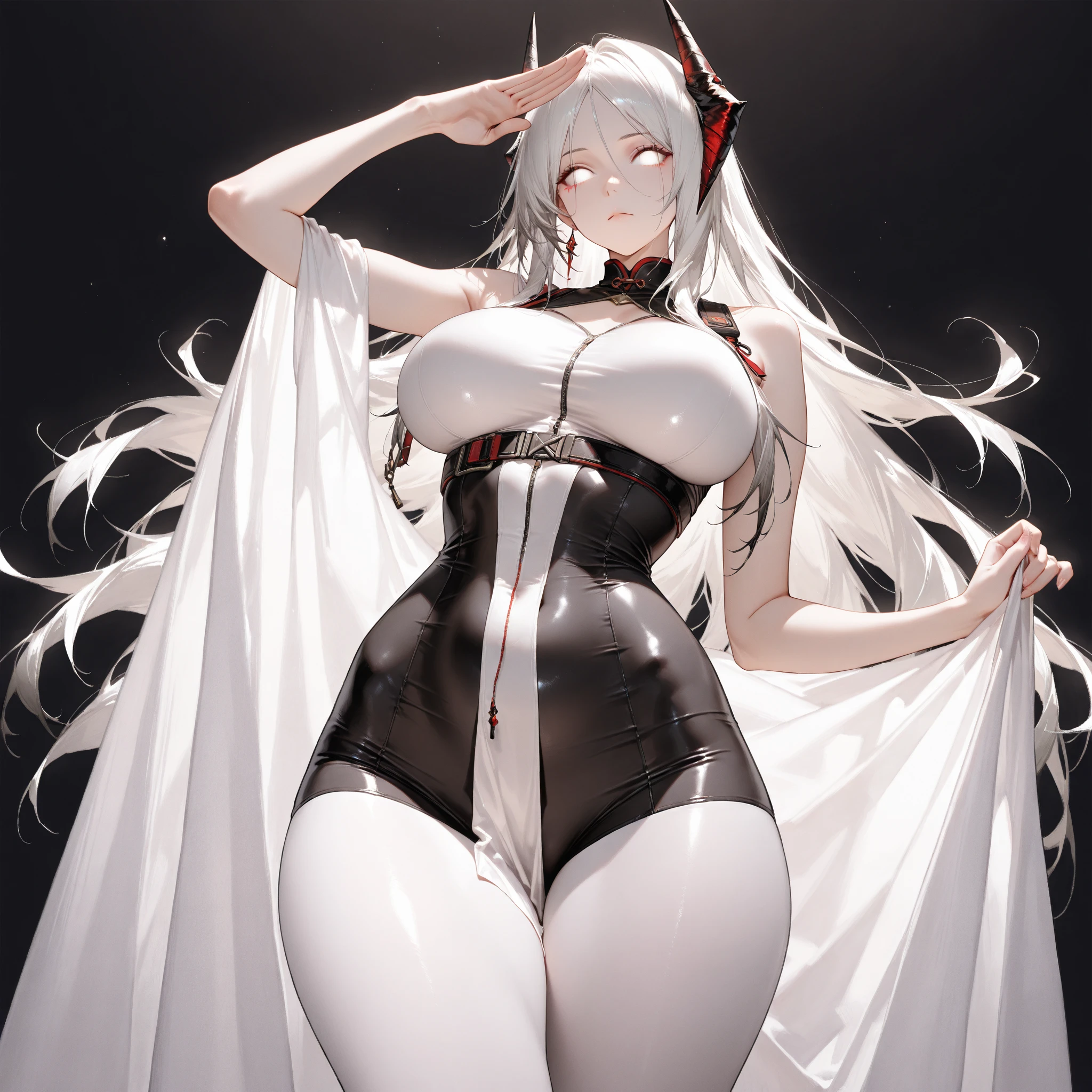 1girl, white hair, long hair, red eyes, serious, glowing eyes, large breasts, thick thighs, mature female, athletic female, toned, leotard, black leotard, thighhighs, belt, knife, knifes, pantyhose, highleg leotard, highleg