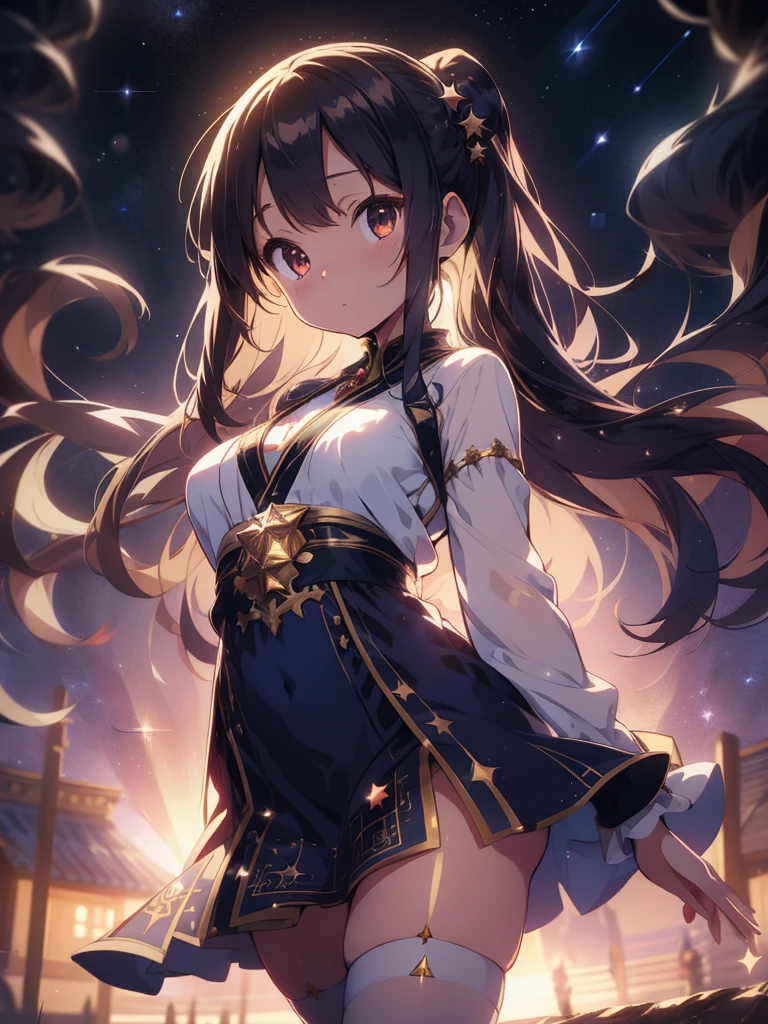 Anime girl, thick and curvy, long curly brown hair with bangs, brown eyes, fancy dress