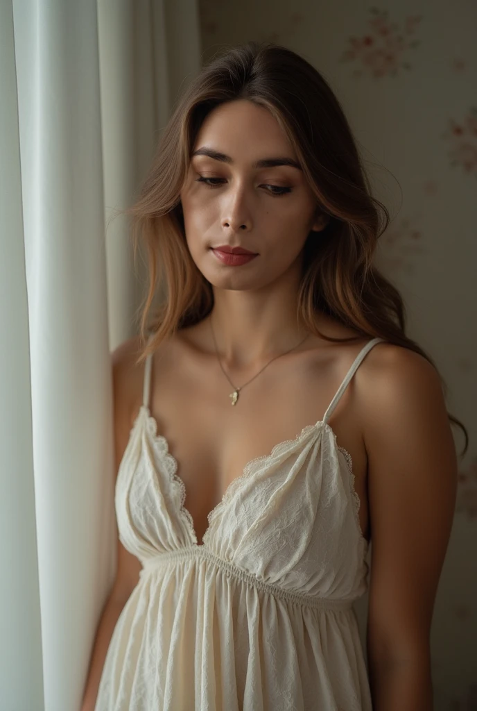 Magina una mujer co las piernas abiertas acostada en la cama sin ropa interio. Liquido lechoso y biscosa sale de sus partes intimas las cuales son de tonificacion rosada rostro ermoso y latino. Las manos apolladas en la cama