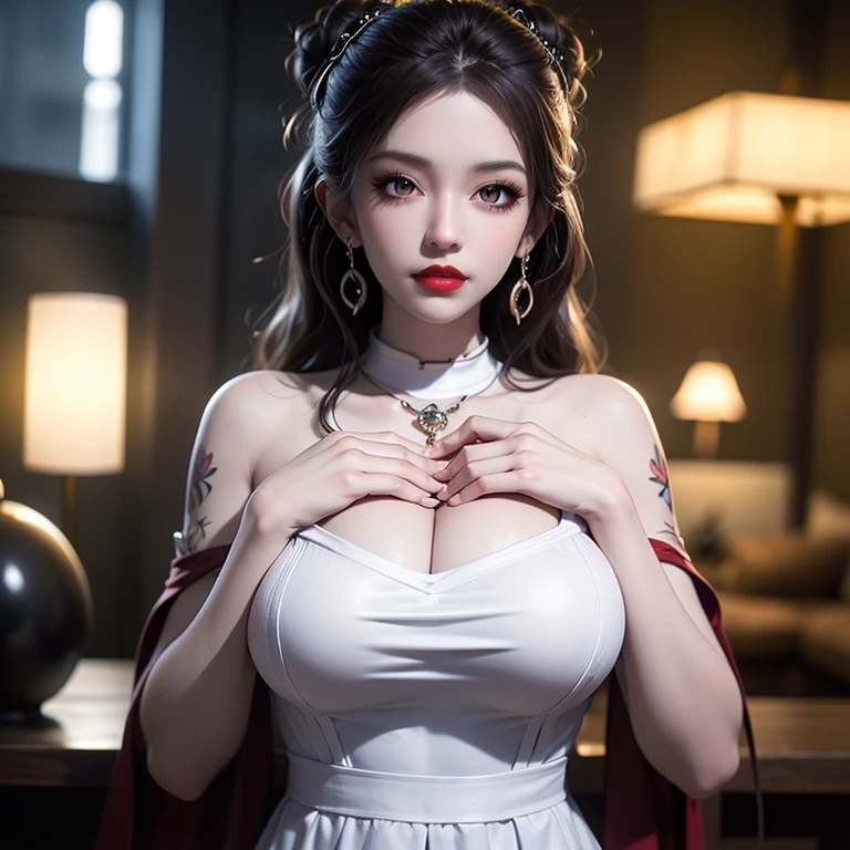 Beautiful woman、Europian, (40 years old）、majestic queen、In the palace、（big breasts, giga breasts）、Wearing a richly decorated mysterious veil、(see-through lingerie:0.5)、put on silk gloves、Full-length, voluminous pieces decorated with mysterious embroidery and jewels.、Wearing mysterious gorgeous jewelry、She is wearing a gorgeous hair ornament that sparkles with mysterious jewels.、blush cheeks、With a bewitching smile、showing cleavage, Looking at Viewer、perfect hands