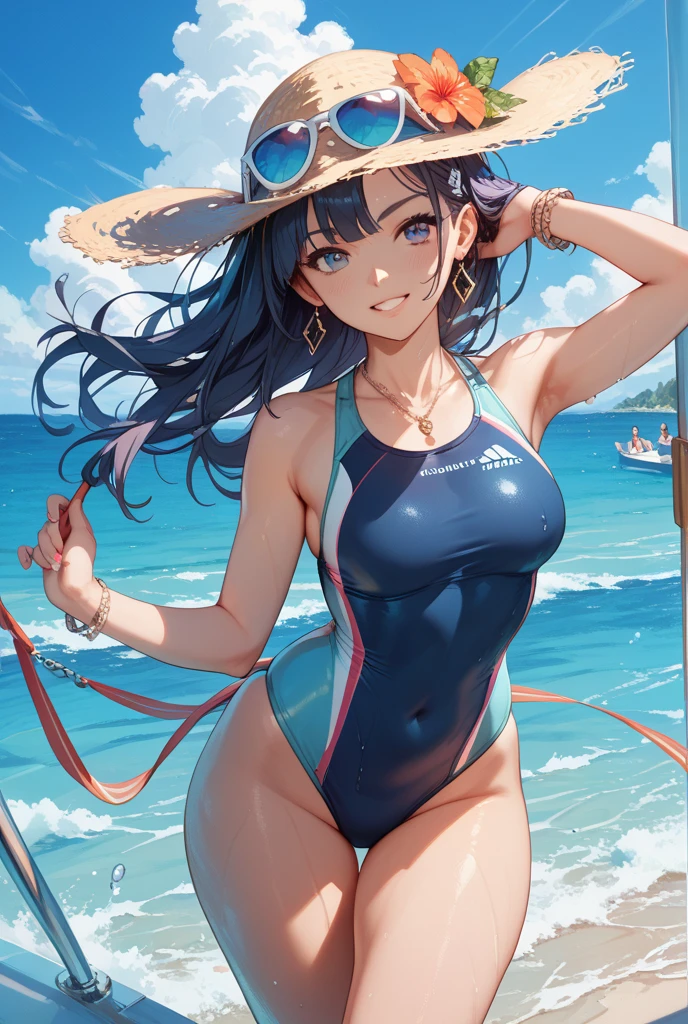 A black haired woman with orange eyes in a cute one piece is smiling with a surfboard at the beach