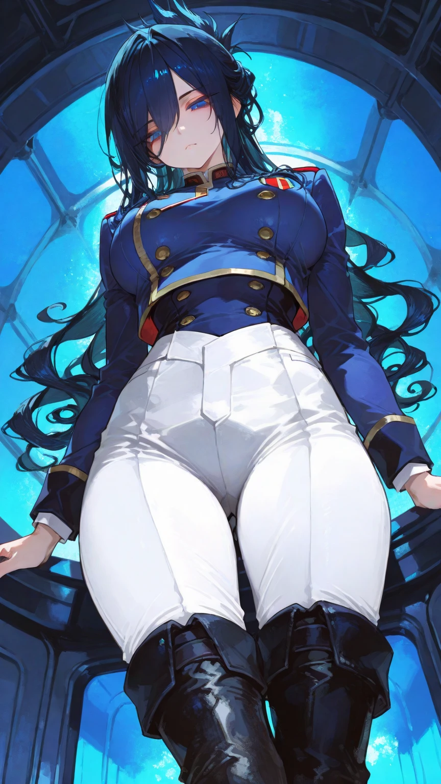 (Masterpiece, High Quality, Top quality, High-Detailed, Detailed CG, Cinematic Shadow, Cinematic Scene, Beautiful Detailed Eyes, Ultra Resolution, Depth of Field), Looking At The Audience, (Blush Expression:1.2), (Angry Expression:1.2), (Erotic Expression:1.0), (NSFW:1.2), Red Eye, Blue Hair, Five Fingers, Good Composition, Curvy, (Jacket), (Black Jacket), (Panties), (Wearing Panties Only), (Black Panties), (Cameltoe), Thicc Thighs, Thick, Large Breasts, Huge Breast, Outdoors, Snow