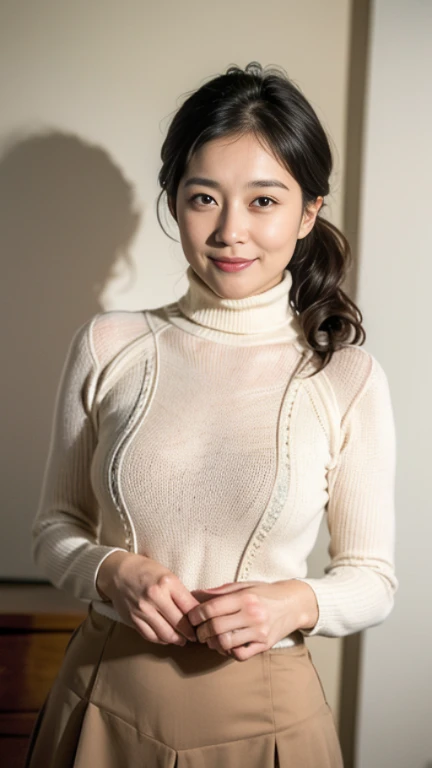 日本人 Mature Woman, (alone), 50 years old, (Wrinkles around the eyes:1.2), Big Breasts, Mature Woman, Glamour, Sexy, Chromo White Skin, View Viewer、Oversized breasts、Wearing a blue turtleneck knit、Tight-fitting knit dress with a sew-up、(Long skirt with slit:1.3)、High heels、smile、Shopping mall
