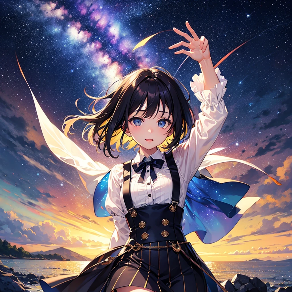 1girl、Star Fairy、(((highest quality、最高masterpiece、Official Art、The best dynamic composition、Ultra-detailed eyes、Fine hair)))、leaping figure composition, full body shot、leaping figure composition, Hair color in full body shot、blue eyes、Kimono Goth Lori、Gothic Lolita Kimono Remade from Kimono、Knee-high boots、whole body、star charm、masterpiece、Super hugeな魔法の杖、 highest quality,(colorful),(Beautifully detailed eyes and face),Cinema Lighting,Highly detailed CG Unity 8k wallpaper、Super huge、whole body、universe、Milky Way、Meteors