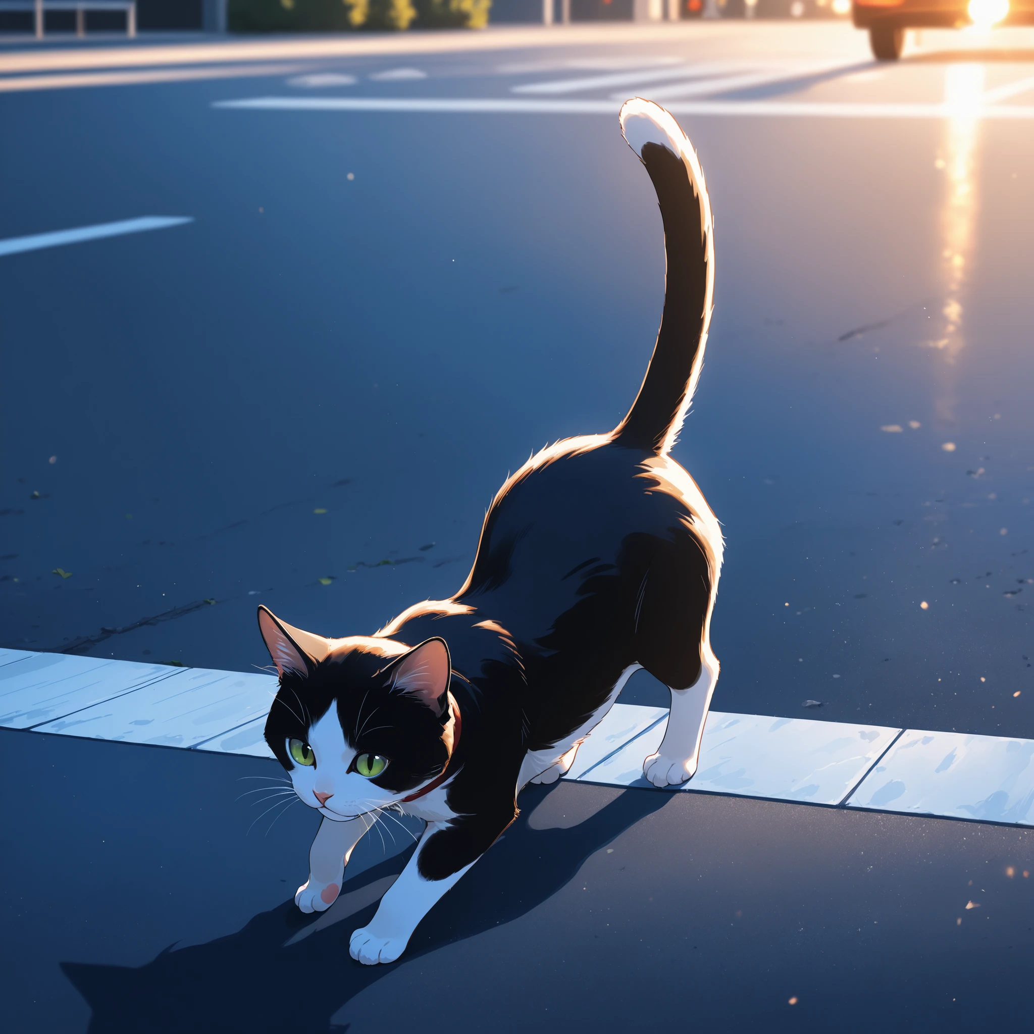 (masterpiece), (best quality), (ultra-detailed), cats, cat's-meeting, full body, outdoors, parking area, cat focus, no human, enjoying, cinematic lighting, dynamic pose,