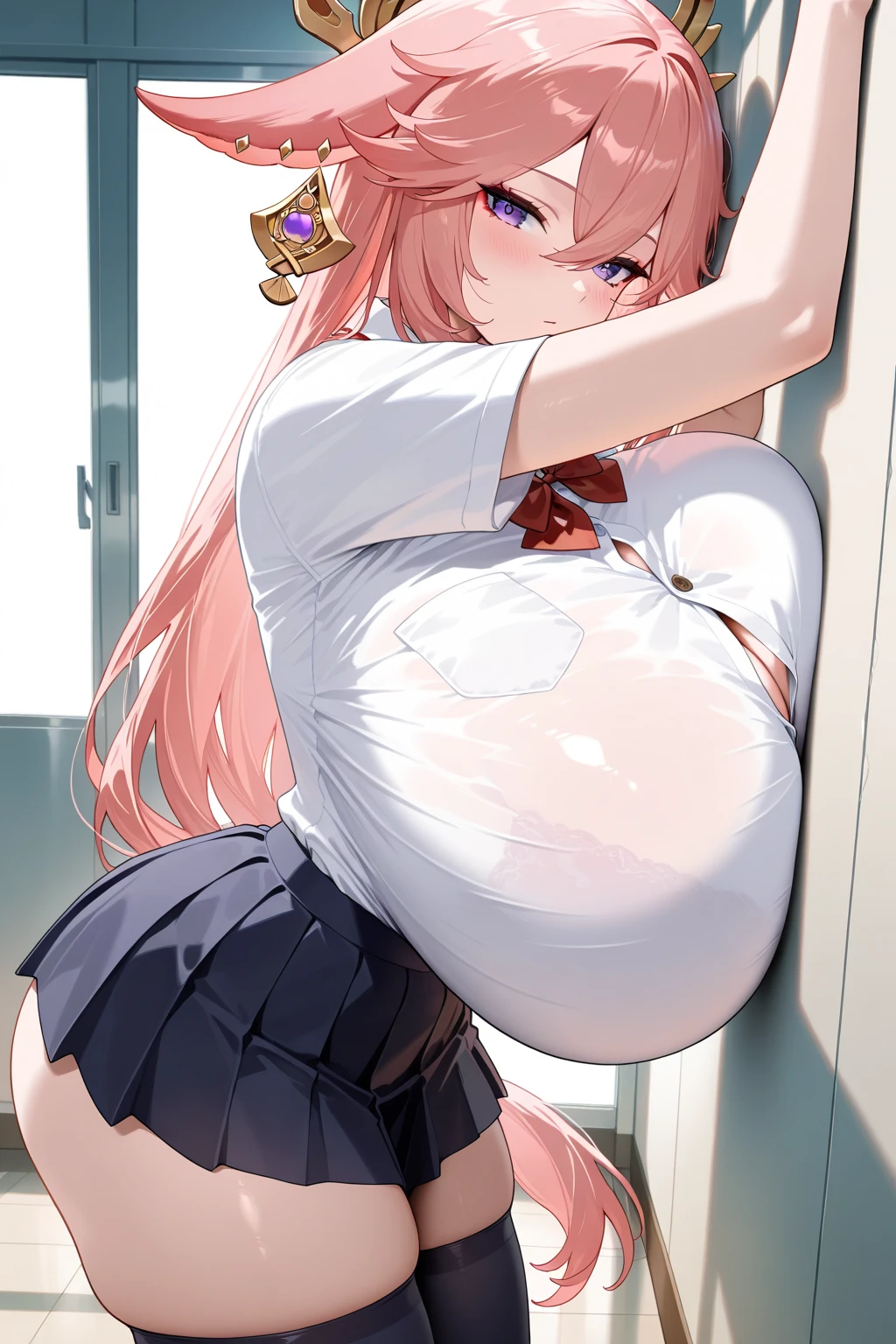 (masterpiece:1.2、Highest quality、Tmasterpiece)、1 female、alone、classroom、Day、stand、beauty、(blonde)、ponytail、Red eyes、(Oversized Sailor Suit:1.4)、(Dark Skin:1.4)、break、Big Breasts、Big Ass、Long sleeve、corset、Earrings、lipstick、(pantyhose:1.2)、choker、mini skirt、blush、Covered breasts、Bangs braids、(Thick lips:1.2)、Big nipples、((Ass on glass:1.25))