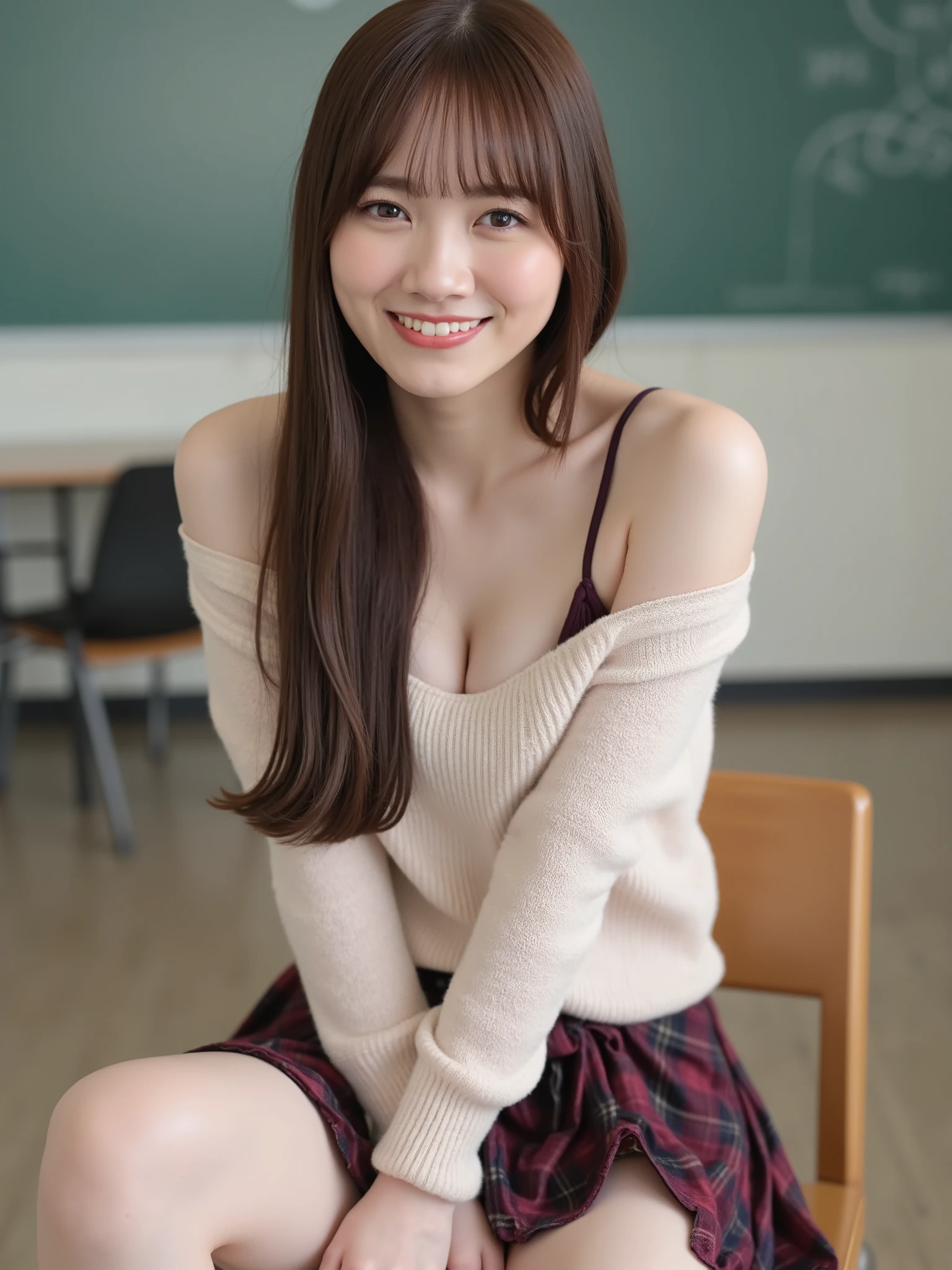 best quality, 8k, masterpiece, Ultra High Resolution, (photorealistic: 1.4), RAW photo, ( brown hair 、Bright and long hair ), (wearing knit tank top with thin strap, plated skirt, these skirt are very short), (Tied at the waist:1.3), slim abs: 1.1, (((sitting leaning forward in the classroom, her attractive thighs are visible, bent your legs ))), (((beautiful natural medile breasts :1.5)、(beautiful cleavage :1.5))),solo, ((full body:1.4)), snow white skin, Her figure was very slim , Snow White Skin , Her expression is cheerful, skinny, slim body, japanese girl, cute, japanese.