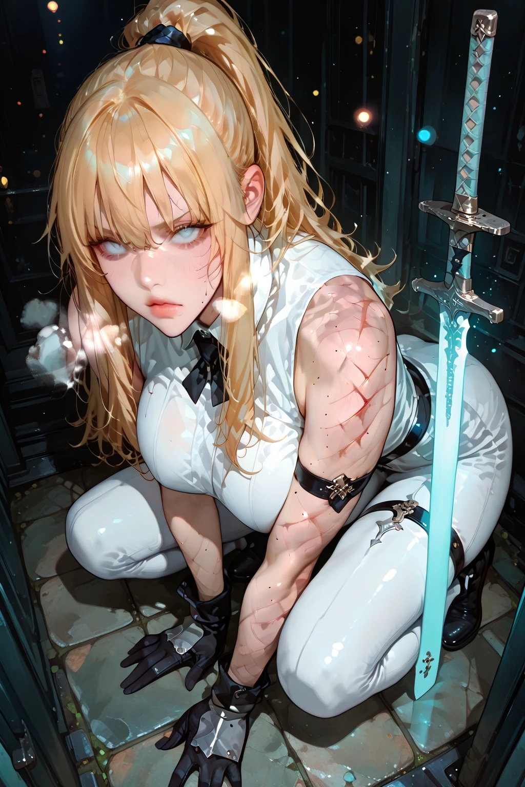 {artoria pendragon_fate ubw:1.15},(((blond hair:1.7))), ((detail beautiful _eyes , :1.8)),, ((Strong shine light )) , ((1 very tall girl)),, alone,, (((detail very surprised eyes, wide-eyed,:1.8,))) ,squinting,((open mouth:1.7)) , ((saliva)) ,hair between eyes,,,((bare shoulders:1.5)),, cleavage, , thighhighs, ((( straight hair:1.5 ))) , nsfw,(( shackles:1.5)), ((((arms up:1.8 )))) , ((navel)),
BREAK, ((((torn broken armor, show off nipples:1.7)))) , BREAK ,(( white lace panties:1.5)) , beautiful light, , close up face:0.2, detail navel , detail thin thighs, , BREAK, ((BREAK ,sitting on white liquid:1.8)),((Legs trembling)), trouble eyebrow, ,
nsfw,(ecstasy:1.8) ,(slut:1.6),(vulgarity:1.7),(fucked silly:1.8),(steam:1.8),(Wet:1.5),(trembling:1.5),(((Twisting the body:1.7))) ,(drooling:0.2),(sweat:1.5),closed mouth:0.8, wince,(orgasm:1.7), trembling:1.8, beautiful upper body, Beautiful body, beautiful character design, perfect eyes, Perfect face, expressive eyes, Turning the face side to side,(church:1.5),in the center of the image, official art,High Definition CG Unity, Perfect lit, bright_front_face_lit, ,(Highest_quality:1.0),4K,Super detailed, photograph, 8k, nffsw, High resolution, absurdes:1.2, kodak portrait 400, film grain, Lens flare, (lively_Farbe:1.2) (beautiful, small breast:1.7), (beautiful_face:1.3),(narrow_waist),((blush)), (()),,sabias, dress,