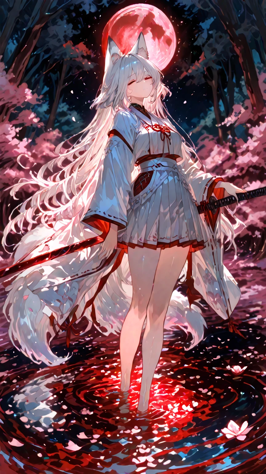 Long white hair, bangs, Japanese woman, short dress of white color with rips, cloak with dark red hood, large breasts, curvy woman, thin waist, thick legs, barefoot, scars on hands, pink colored eyes, black forest scenery, night, fantasy scenery.