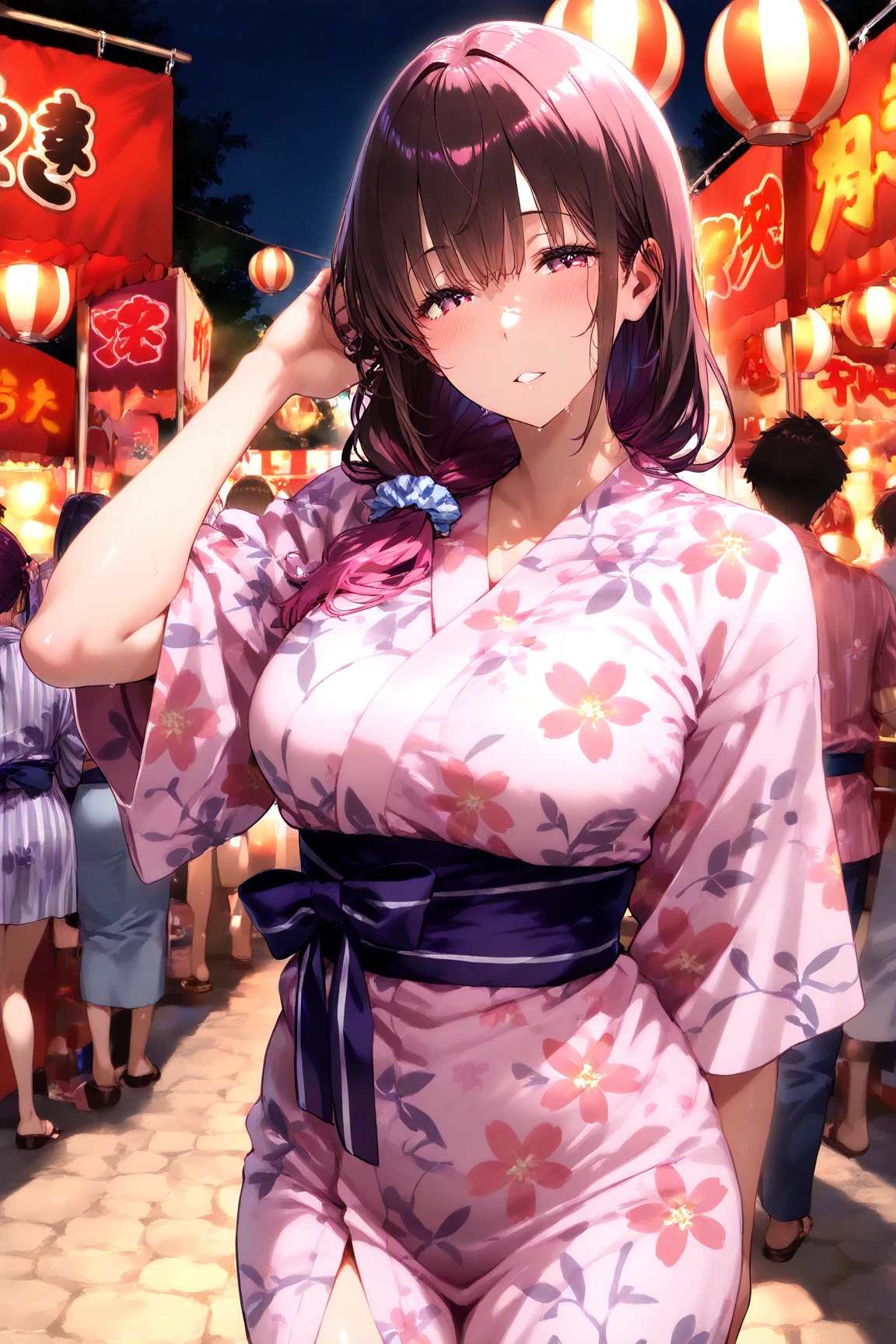 (masterpiece:2.0), (top-quality:2.0), (sitting naked:1.5), (extremely mini skirt extremely small pink yukata:1.5), (super thin fabric:1.5), (sexypose:1.5), (blushed face:1.3), (barechested:1.3), (realistic:1.5), 1 , precise hands, Embarrassed look, light smile, Look at me and smile, extremely cute girl, innocent face, young face, Clear eyes, Shining eyes, small breast, (cleavage of the breast is visible:1.5), (the thighs is visible:1.5), The crotch is visible, No pubic hair, full body, The beautiful skin, ultra-definition, Top resolution, japan high school student, brown hair, at the night festival
