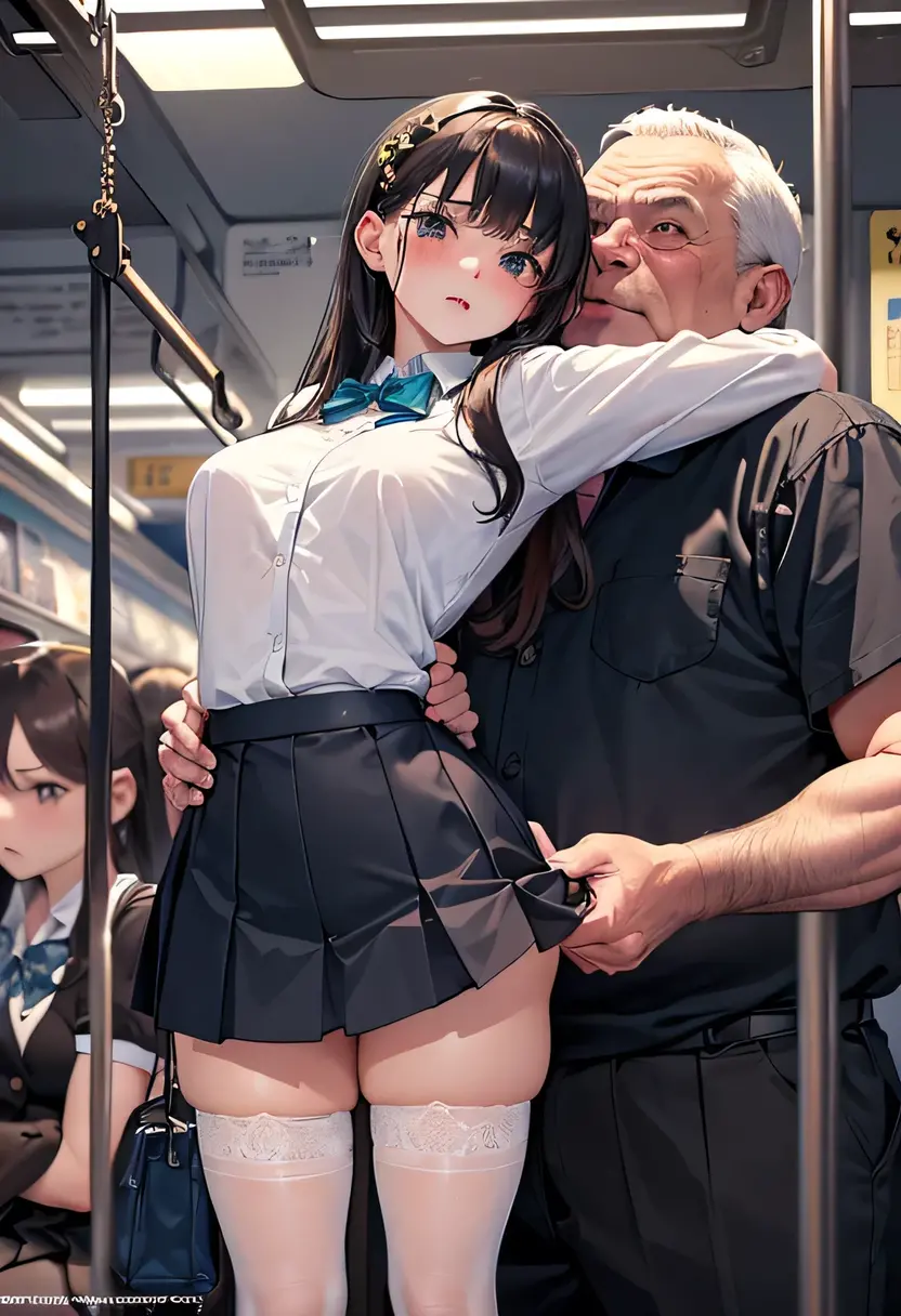 (SFW), ((photorealistic)), (masterpiece), (best quality:1.3), absurdness, [:intricate details1.3], SFW, realistic, masterpiece, (((VERY crowded subway train interior detailed scenario, VERY crowded subway train interior detailed background))), standing insanely hot (young small girl1) using sexy ((skirt)), ((behind skirt lifted)), ((3/4 white stockings)), ((big ass)), ((thick thighs)), ((fear/shocked expression)), (blushed face), (perfect body proportions)), old small man ass groping young small girl 1 from behind, (((old small man pressing his chest on young woman 1 back))) and (((holding her waist behind her)))
