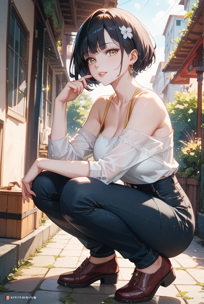 (Best quality, 8k, 32k, Masterpiece, UHD:1.2),Photo of Pretty Japanese woman,black short hair,beauty face,(leaning forward:1.3),squatting,(from above:1.2),(close up:1.4),pov,,looking at another,smile, loose t-shirt,large breasts,beautiful nipple slip,outdoors,windy,shiny skin,blurry background