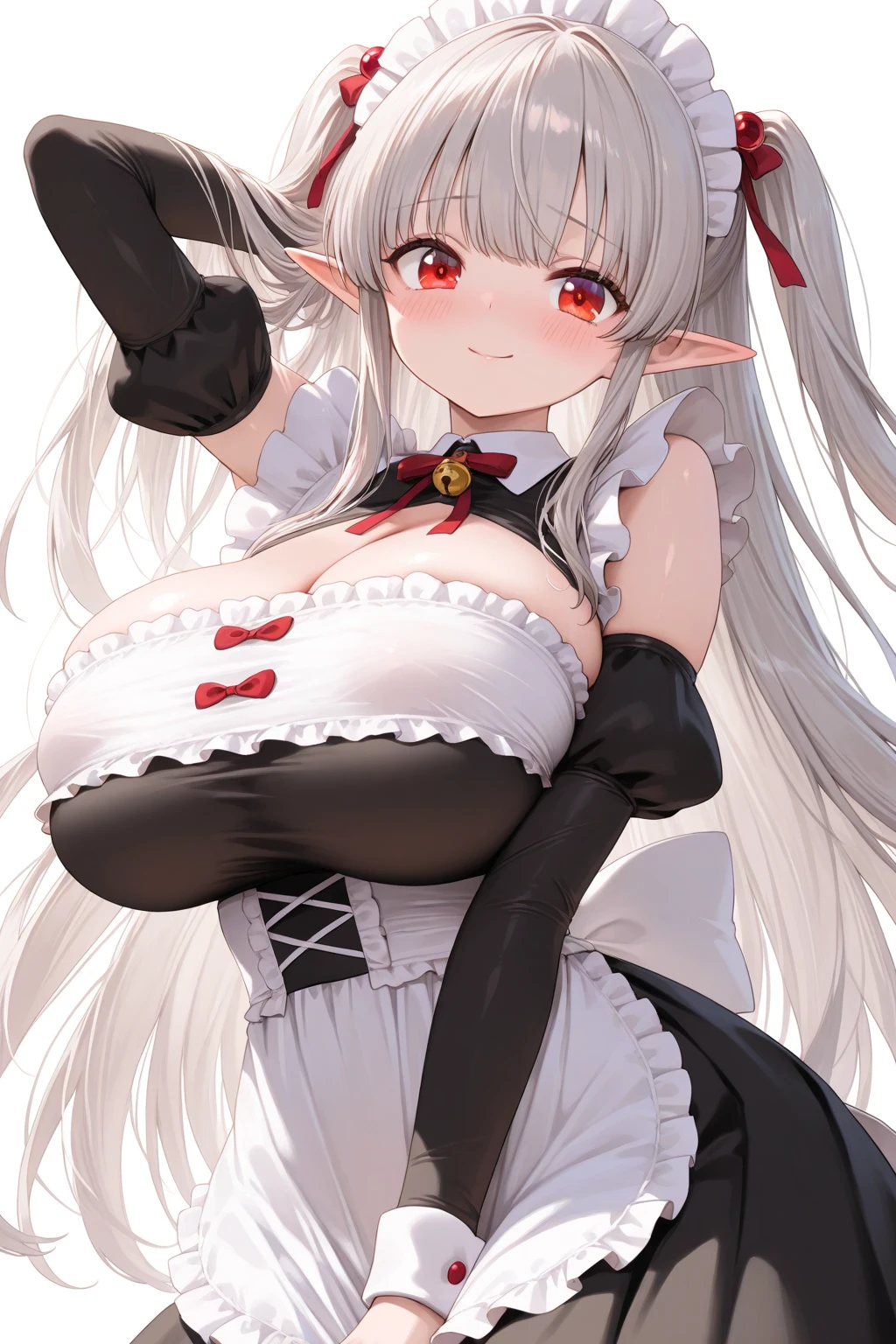 masterpiece,best quality,high resolution,1girl,solo,(ftont-view:1.4),(elf:1.2),(silver hair:1.1),(twintails:1.1),(light blue eyes, shiny eyes),(loli face and big boobs:1.2),(diminutive:1.3),BREAK,(black bunny:1.4),(reverse outfit:1.4),(rabbit ears:1.1),wrist cuffs,(covered nipples:1.4),(black heart pasties:1.3),(meme attire:1.3), (navel:1.3), (red bowtie:1.2),(cameltoe:1.3),rabbit tail,(black legwear:1.4),(black thighhighs:1.4),(black heart maebari:1.3),BREAK,(squatting),(spread legs)