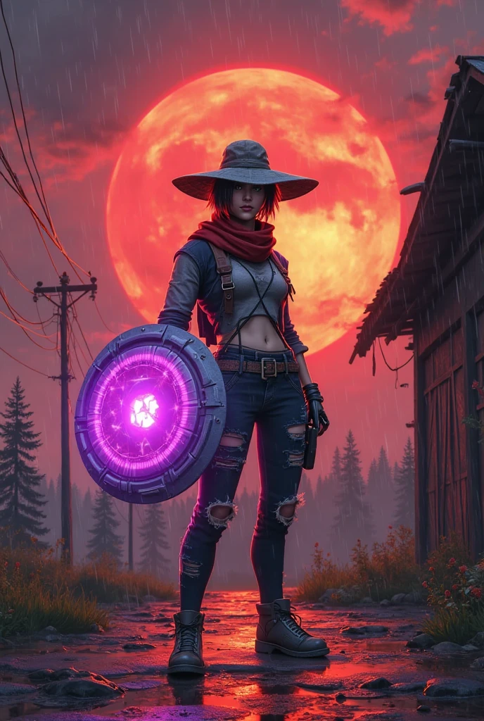an attractive woman [gunslinger:bounty hunter:0.4] standing in a scifi wilderness (retrowave style:1) <lora:djzRetroTide_LB2:0.8>