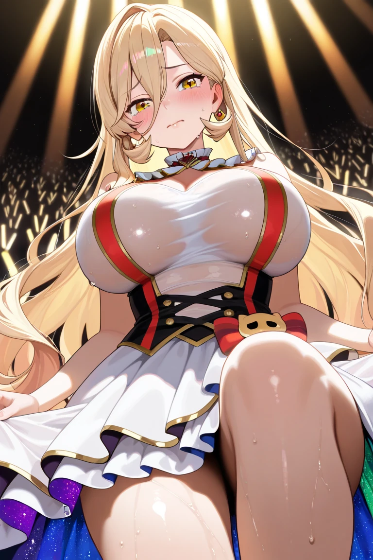 score_9, score_8_up, score_7_up, BREAK source_anime, rating_explicit, best quality, masterpiece, uncensored,1girl,shiny skin,((sweat)),blush,big breasts,((magical girl)),fantasy,dress,heart,star,flower,micro skirt,ribbon,hair ornament,