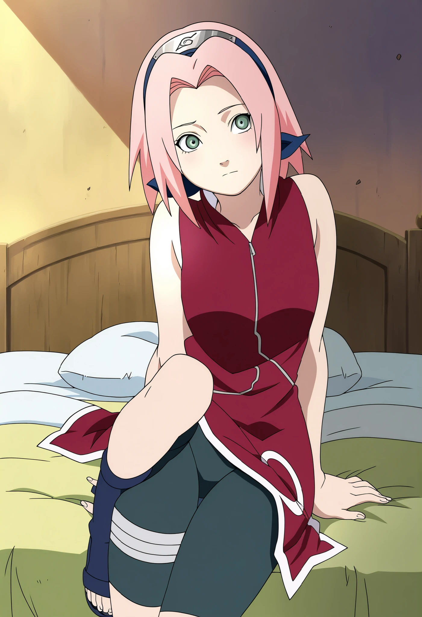masterpiece, best quality, very detailed, , masterpiece, best quality, eyelashes, (Beautiful Eyes), cowboy shot,, Official anime Illustration, Official artwork, screencap,,Scarsdale, ,Sakura haruno, 1girl,solo, short hair, pink hair, green eyes,"Red sleeveless Chinese qipao with white trim and symbol, black shorts, black open-toe ninja sandals." trying to seduce you into bed , wide hips