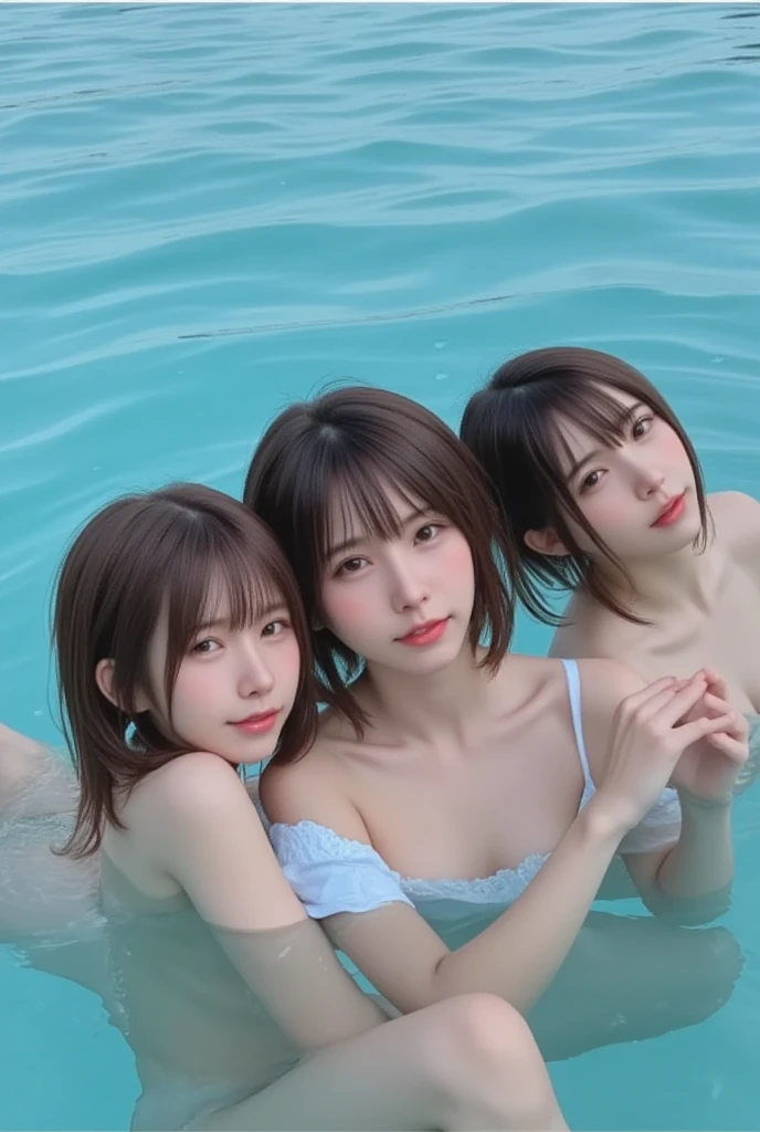 one girl、(highest quality),(highly detailed face)、(very well-groomed face)、((Poolside))、32k、16k、(Upper body)、(clear)、(slender body)、Swimsuit、(model body shape)、Preparing for exercise、(looking at camera)、(black hair、medium straight hair)、(8 heads and bodies)、(small face)、(Idol)、(Looks a little embarrassing)
