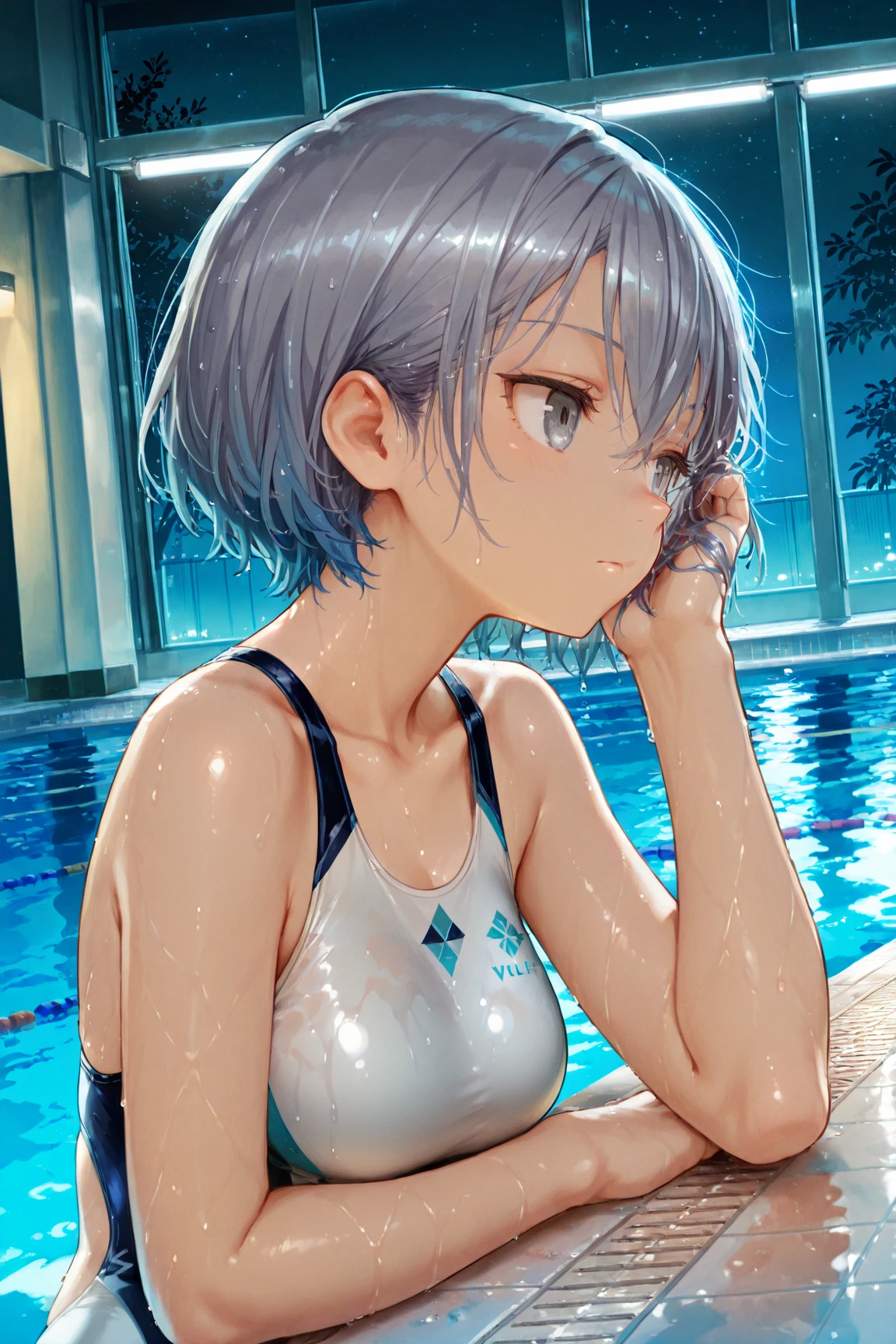 origamitobiichi, Origami Tobiichi Casual, short hair, blue eyes, happy smile, smile, Shut your mouth.,,Big Breasts,smile,Wet swimsuit,Wet Hair,Wet Skin,whole bodyがイラストに入るように,School Swimsuit,School Swimsuitを着た群衆,student,sunny,Daytime,
break outdoors ,School,Outdoor swimming pool,
break looking at viewer, whole body,(Cowboy Shot:1. 5) ,
break (masterpiece:1.2), highest quality, High resolution, unity 8k wallpaper, (shape:0.8), (Beautiful details:1.6), Highly detailed face, Perfect lighting, Highly detailed CG, (Perfect hands, Perfect Anatomy),
