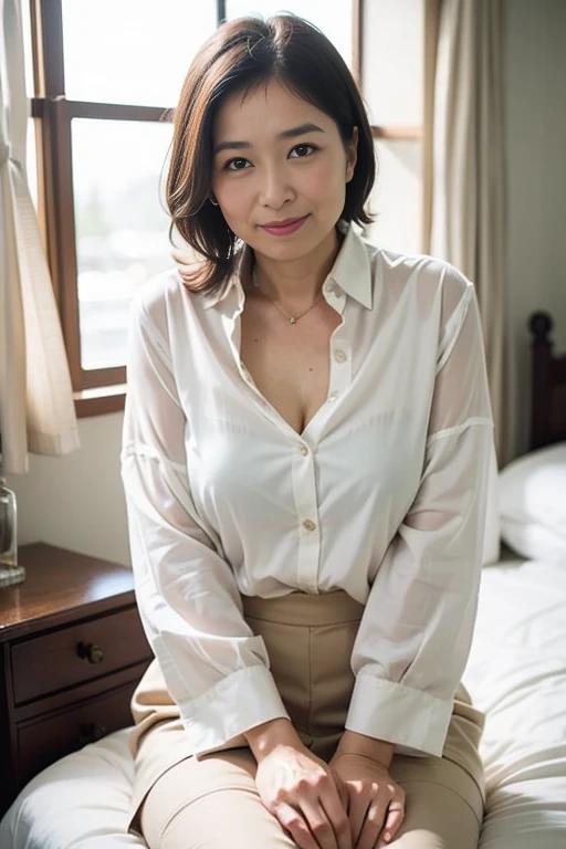 white  wears a transparent top, She is about 60 years old,asian woman sitting at a table ((drinking coffee)), smile,She is about 60 years old., She is about 65 years old, an Asian woman, Late 80s, sitting at a mocha-colored table, skirt a transparent,normal breasts,