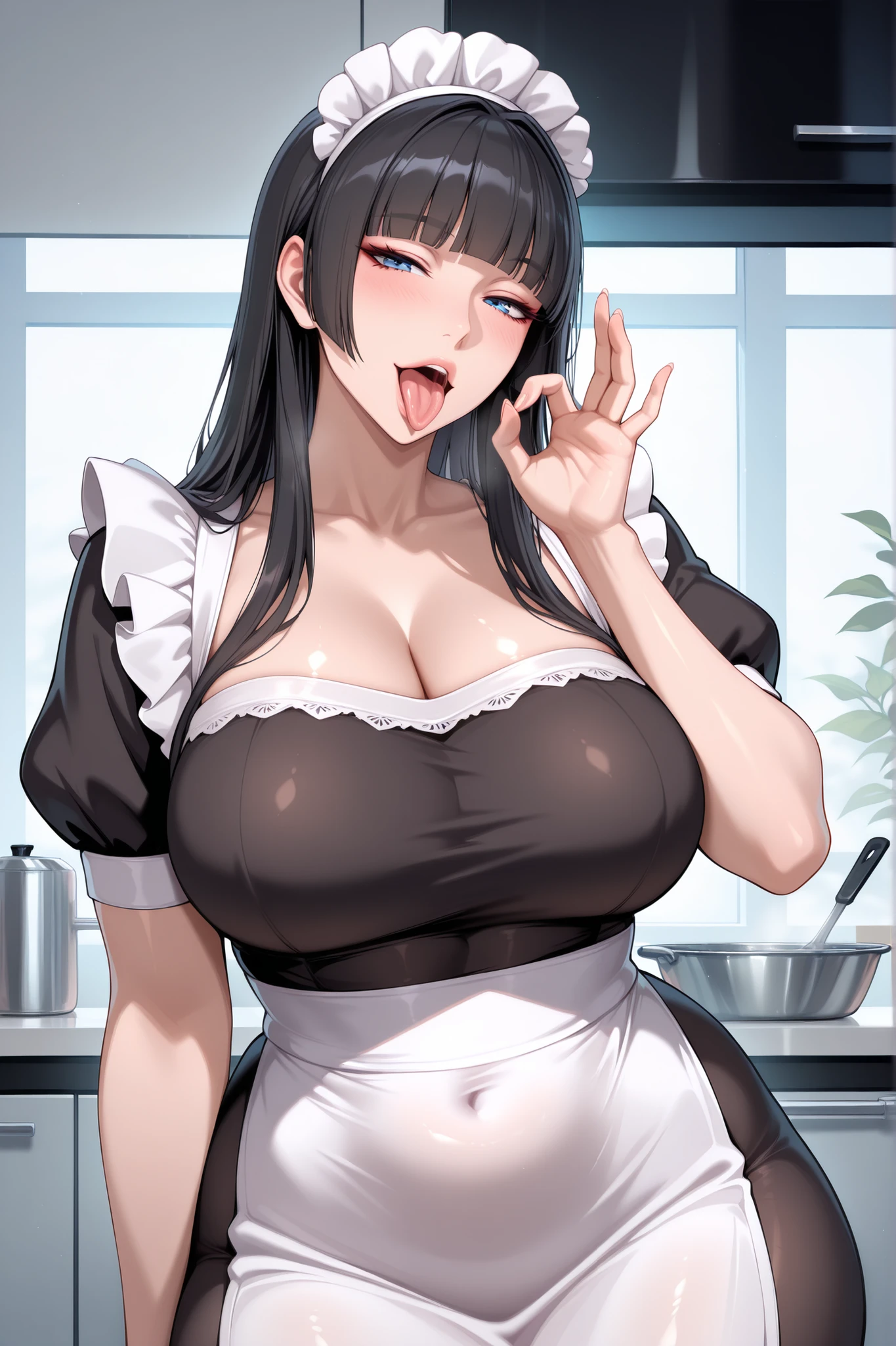score_9, score_8_up, score_7_up, score_6_up, score_5_up, score_4_up, (source_anime), 1girl, (( white woman, short black hair, small breasts, puffy nipples, big Thighs, big ass, mature woman, dark nipples, brown nipple)), Distant vision, Low Illumination, Kitchen, Maid outfit, black skirt, breast milk, sucking in the baby bottle, Breastfeeding, bottle feeding, solo