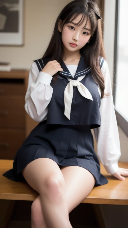 ((highest quality、8k、masterpiece:1.3)),((((cowboy shot)))),Ultra-high resolution,big eyes,Japanese,bangs,(a girl),(1 girl),((20 years old)),((facing at viewer)),(long hair),(((black sailor uniform))),grin,((sitting on chair)),(pleated mini skirt),(((pussy))),((pubic hair)),((skirt lift)),((short crew socks))