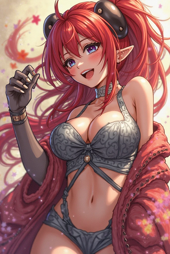 masterpiece, best quality, 1 solo girl, red hair, red eyes, long hair, medium breasts, sexy body and face, wavy hair, smile, black bra, black panty, pendant, bracelet, jewelry, earrings, feather hair ornament, book, lying at the bed, night, sexy pose, cowboy shots, detailed body, face, and eyes, sharp focus, vibrant, creative, dynamic, high definition, high resolution, 8k, (Upscale: R-ESRGAN 4x+ Anime6mage enchance:4x), voluptuous body, cinema lightning, dakimakura style, looking at the viewer, pointy ears, twin braids