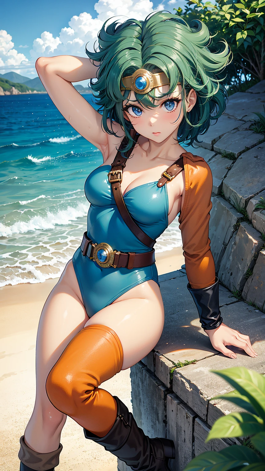 （（（ＳＦＷ、sound、Highest quality、Top notch work、Normal body、、Detailed face、Ultra-precision、Normal hand、Normal refer、５refer、Highest）））、beautiful girl、Black Hair、yamato nadeshiko、Small breasts、Shortcuts、Blue leotard、Shoulder Off、Black paleo skirt、Red Cape、Circlet、Dragon Quest、Playing in the water at the beach