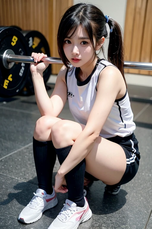 (Woman in her 20s, Long Black Hair, smile), (Sportswear, Gym Trainers), (Perfect Style, Pure white shiny skin, sexy)