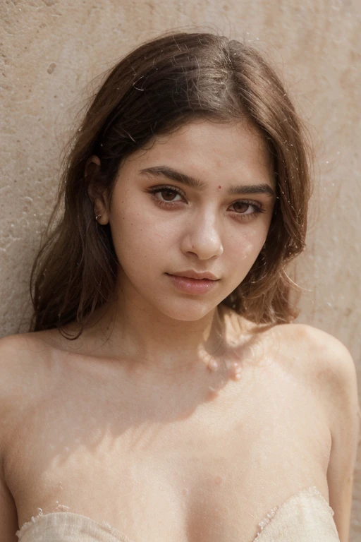 18 year old Pakistani Woman, nude, full frontal view, topless, small breasts, beautiful face, gray green eyes, ivory skin, wet skin, shaved pussy,
