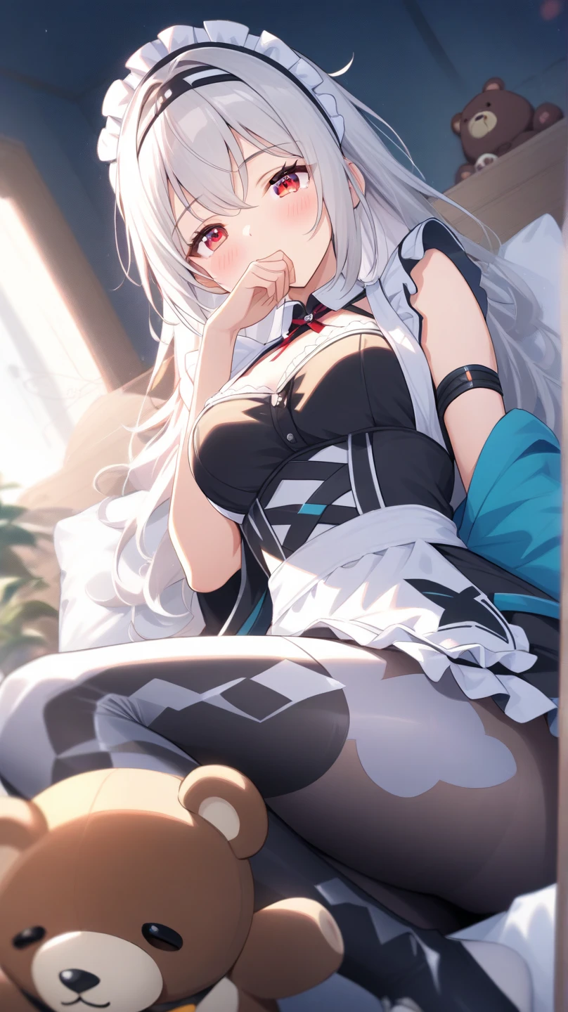 ((Highest quality)), ((masterpiece)), ((Very detailed)), (Very mature),A cute, gentle-looking female high school student with black hair and a height of about 165cm.,A female high school student with big breasts and a cute smile wearing a transparent blue waifus with a cute patterned hood and bare shoulders, A gentle woman with a slightly long vertical face,Small Faced Woman,alone, Cute attitude,(background(bright),Long Hair - Straight,Knee-high socks、A transparent blue veil with a cute pattern and white hood with off-the-shoulder sleeves,White wall、Sitting、Facing the viewer、縁に模様がある壁が1面のbackground