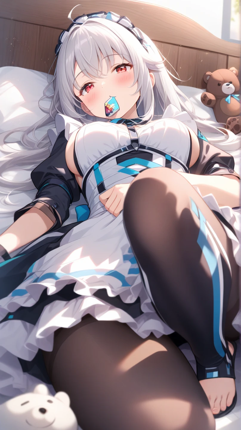 ((Highest quality)), ((masterpiece)), ((Very detailed)), (Very mature),A cute, gentle-looking female high school student with black hair and a height of about 165cm.，A female high school student with big breasts and a cute smile wearing a transparent blue waifus with a cute patterned hood and bare shoulders, A gentle woman with a slightly long vertical face，Small Faced Woman，alone, Cute attitude,(background(bright)，Long Hair - Straight，Knee-high socks、A transparent blue veil with a cute pattern and white hood with off-the-shoulder sleeves，White wall、Sitting、Facing the viewer、縁に模様がある壁が1面のbackground
