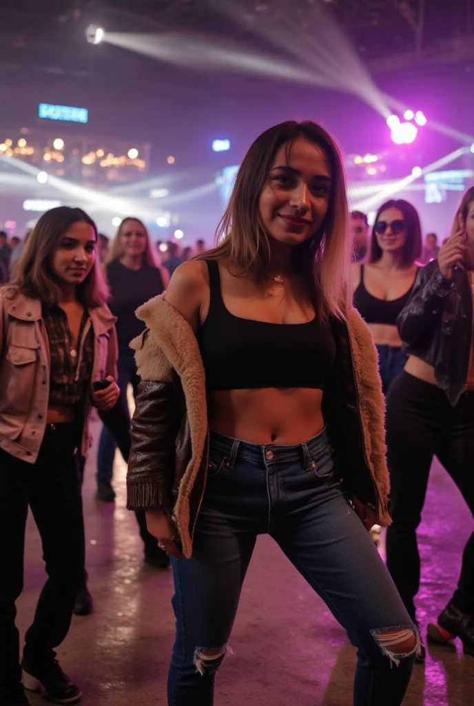 Full crowded people in the  club dancing jumping, female dj, smiling , laughing, extasy, happy, euphoria, party, , dance floor,  from far angle shoot