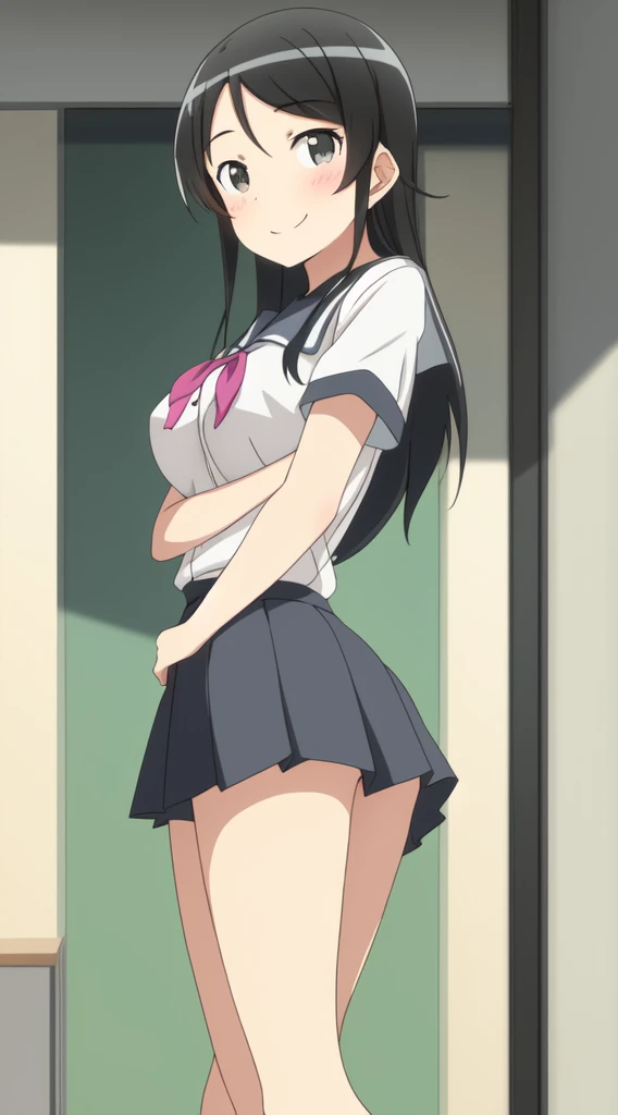 Minya Johnson, Mini Yaemori, long hair, bangs, black hair, blue hair, (purple eyes:1.1), colorful hair, 鈍いbangs, striped hair, Ahoge,break shirt, white shirt, short sleeve, write clothes,looking at the viewer,break (table top:1.2), highest quality, High resolution, unity 8k wallpaper, (figure:0.8), (beautiful and fine eyes:1.6), highly detailed face, perfect lighting, Highly detailed CG, (perfect hands, perfect anatomy),naughty big breasts、cowboy shot、thighs thighs thighs、double teeth、、blush、embarrassing、stand on the escalator, (on the up escalator), (lower body shot), thigh focus, (Shooting from below 1.3), (後ろから見たfigure1.3)、 (white panties:1.3)、(skirt that rolls up:1.3)、(fully exposed panties:1.5),think back,