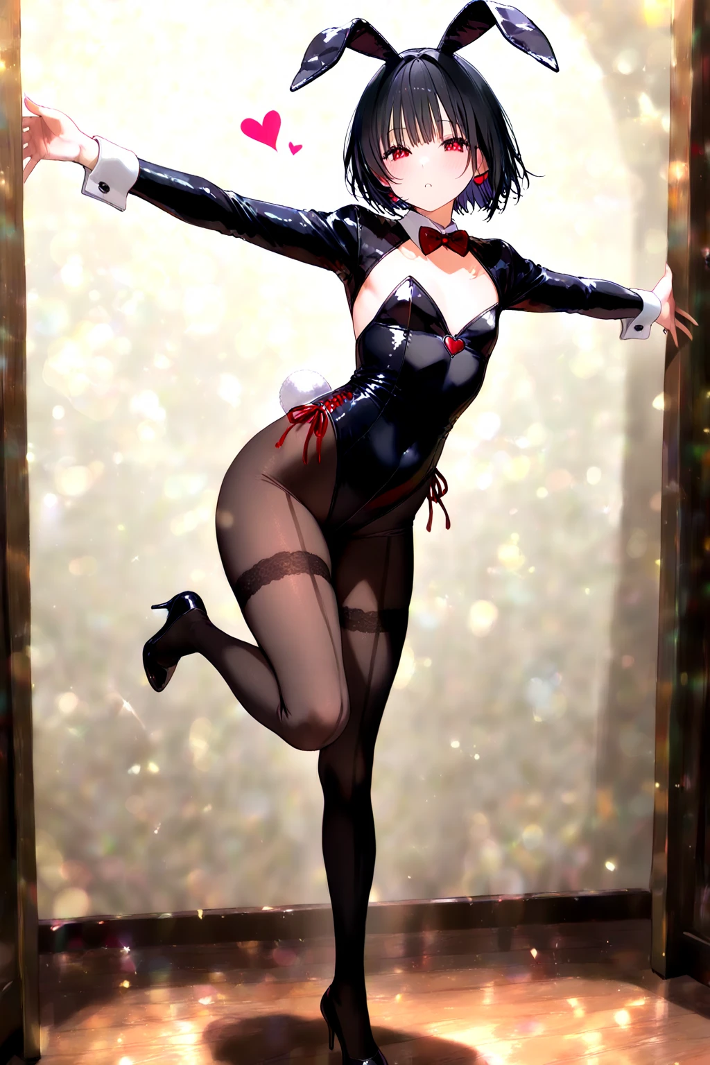 ((masterpiece,best quality)), highres, extremely detailed 8K wallpaper, depth_of_field, best shadow, (Colorful),(Delicate eyes and face), nice hand, Perfect hands, (Perfect lighting), Ray tracing, BREAK
((dancing)), (1girl in), mogami \(kancolle\), black hair, short hair, black eyes / green eyes, swept bangs, small breasts, slender, skinny, smile, (full-face blush), open mouth, BREAK,
(ballerina, ballet:1.2), (tutu:1.3), (dark leotard:1.2), (transparent dark dress:1.3), (black pantyhose:1.2), bare shoulders, tiara, cameltoe, point shoes, ballet slippers, sexy, BREAK,
(cowboy shot and knee:1.5), stomach focus, from behind, ((dancing saloon)), night time, (dark backgrounds:1.3),