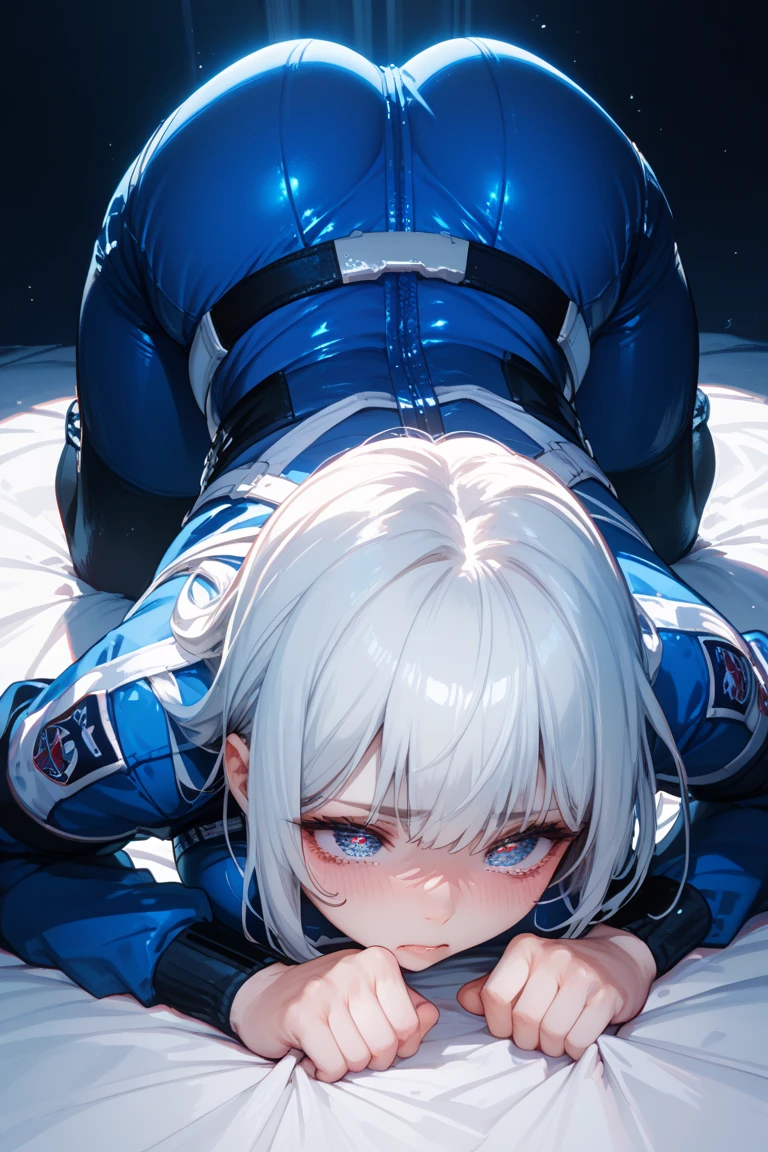 beautiful, masterpiece, Highest quality, anime, One girl, C Cup,Portrait Shot, View your viewers, Covered、Short Hair、nearby、Blue Eyes、art、、White hair,Blue streaked hair、hairpin、Thighs、Cute、blue sky、Beautiful breasts、Full Harness、valley、Sweat、Under Harness、Body Harness、Tightening、Penetration、Body belts、Plainer_Sci-fi combat uniform、PlainerSFアンダースカート、smile、Thigh under belt、Lying down